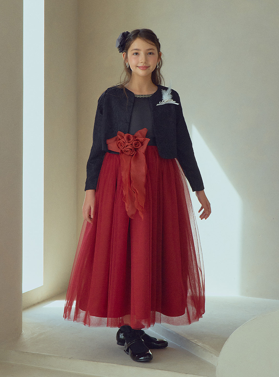 Black and Red Rose Corsage Long Dress