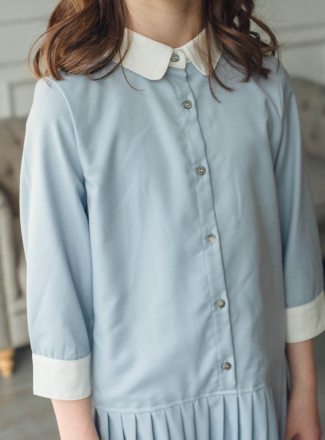 ブルーグレープリーツシャツワンピース