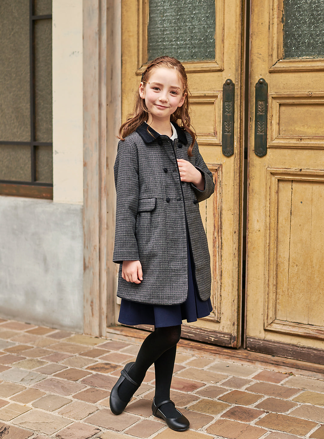 K9008 - 千鳥格子柄フレンチダブルブレストウール混コート