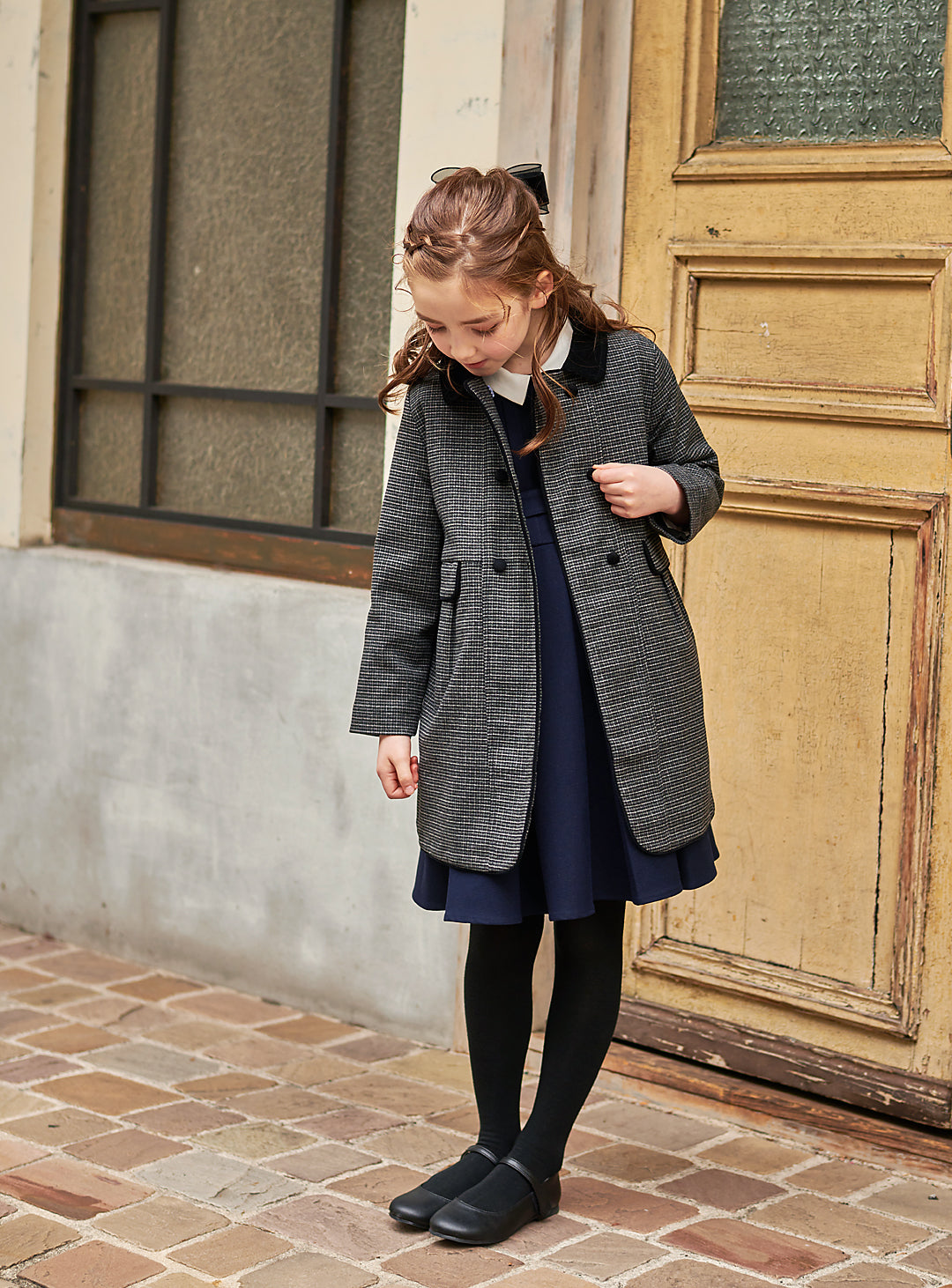 K9008 - 千鳥格子柄フレンチダブルブレストウール混コート