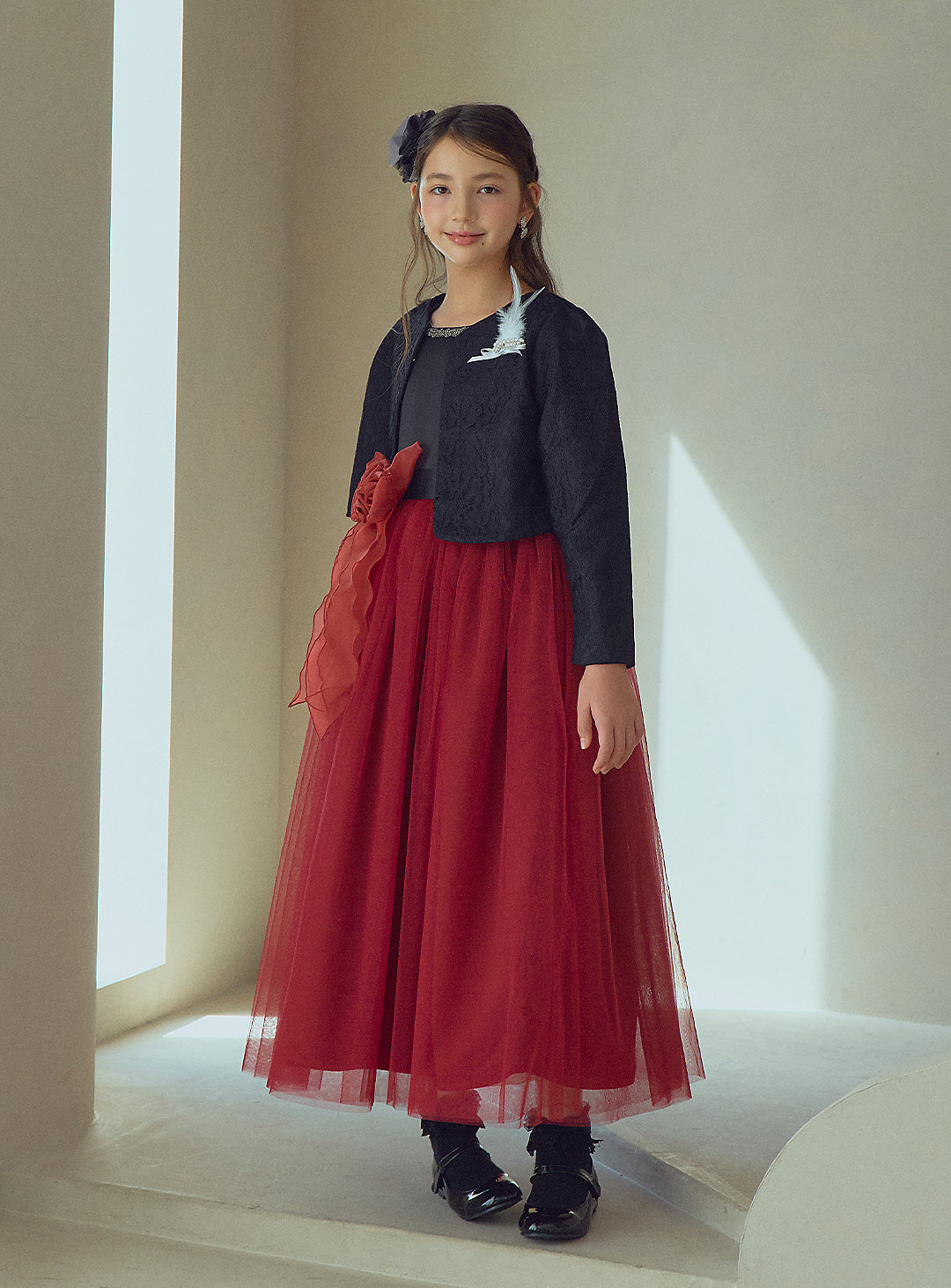 Black and Red Rose Corsage Long Dress
