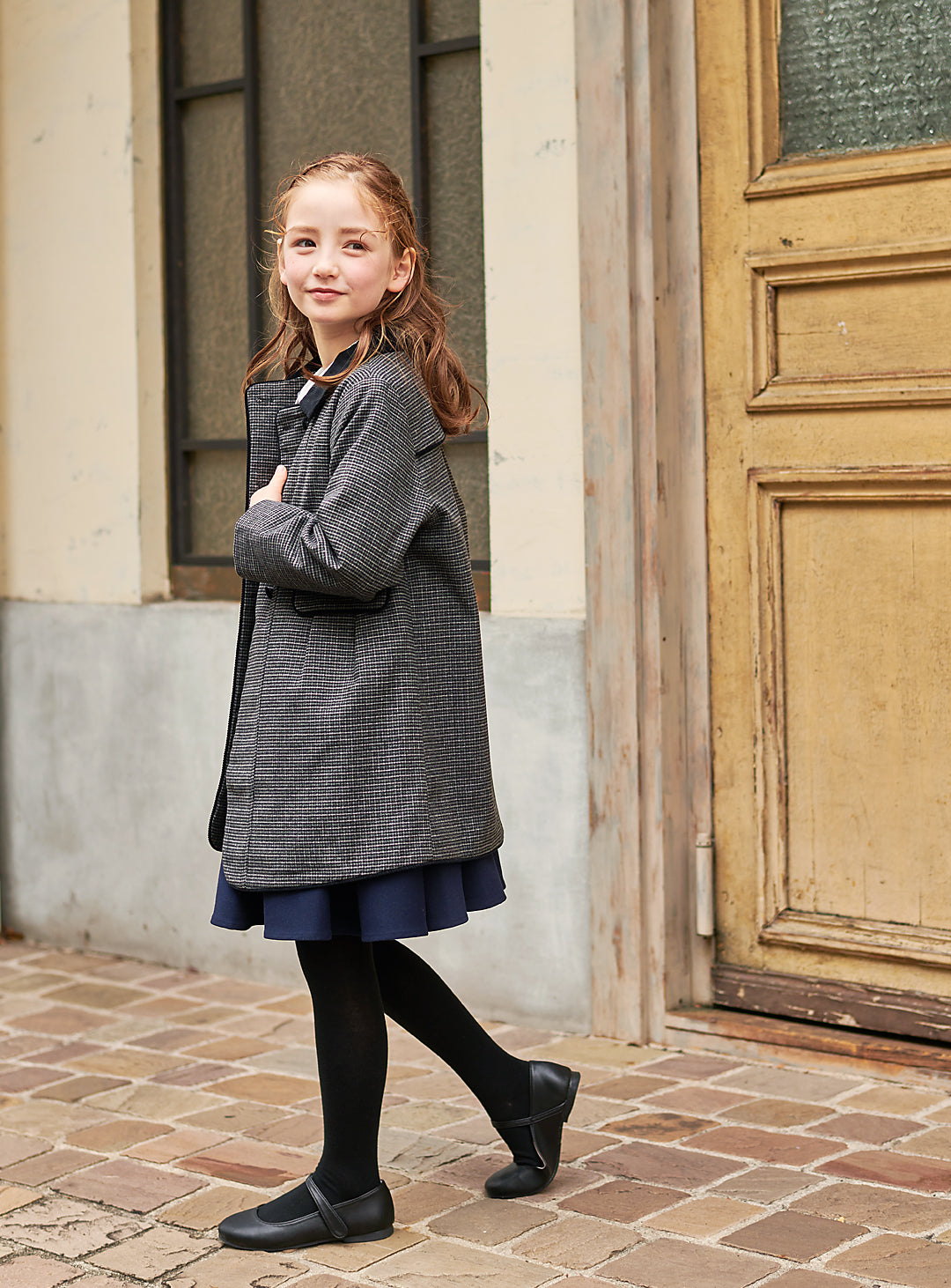 K9008 - 千鳥格子柄フレンチダブルブレストウール混コート