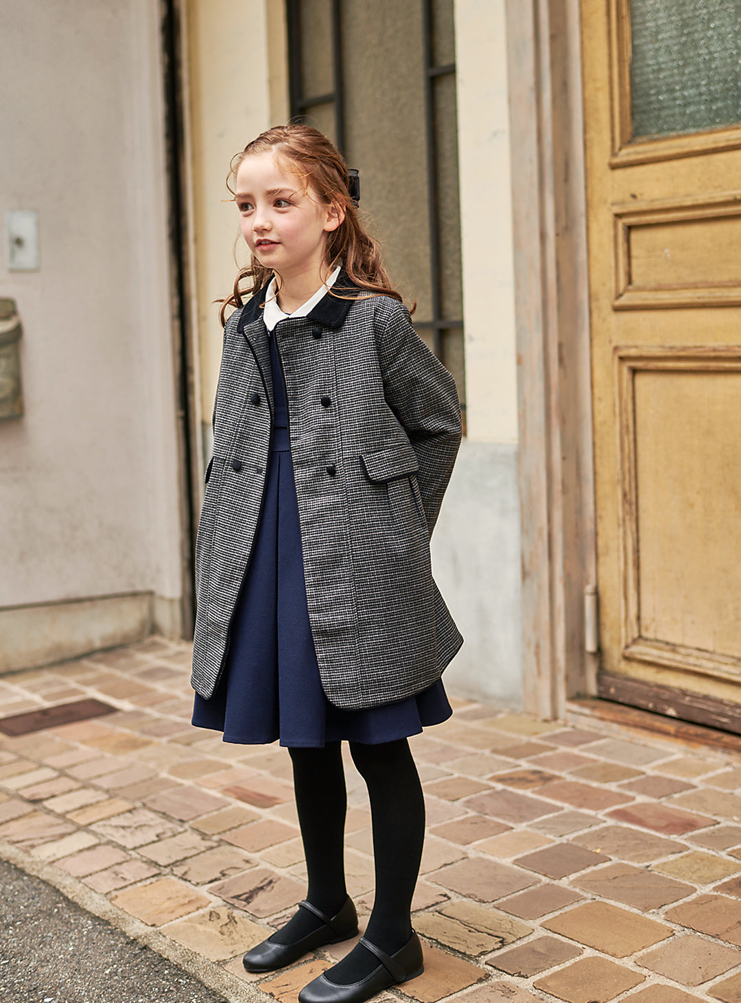 K9008 - 千鳥格子柄フレンチダブルブレストウール混コート
