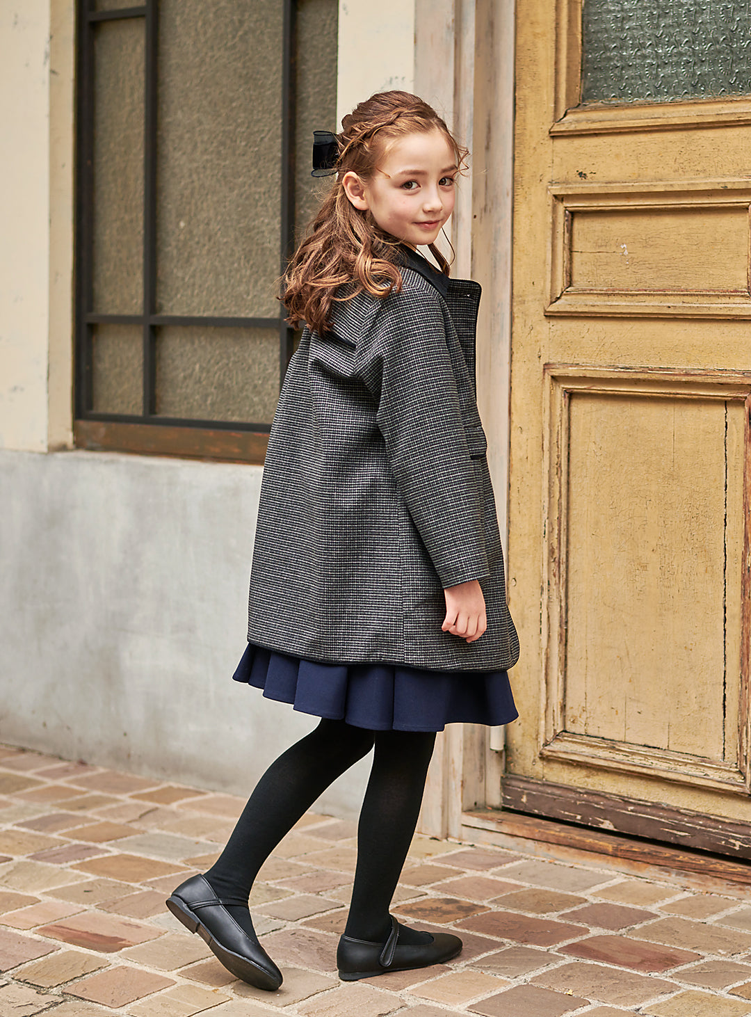 K9008 - 千鳥格子柄フレンチダブルブレストウール混コート
