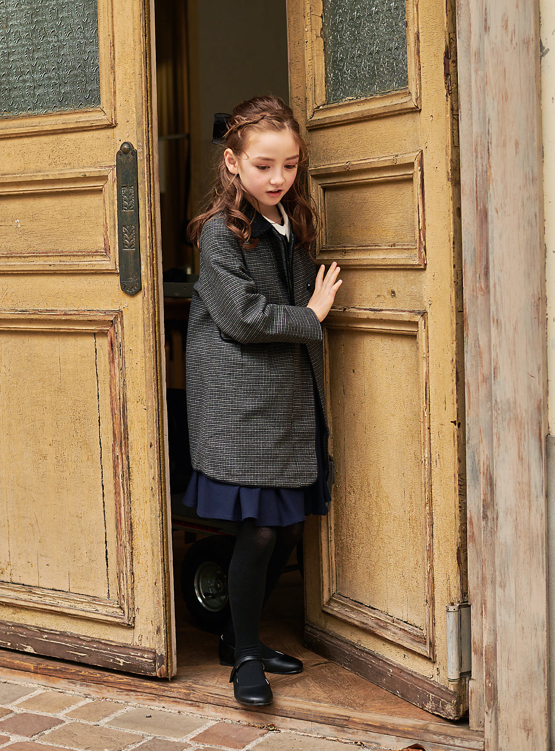 K9008 - 千鳥格子柄フレンチダブルブレストウール混コート