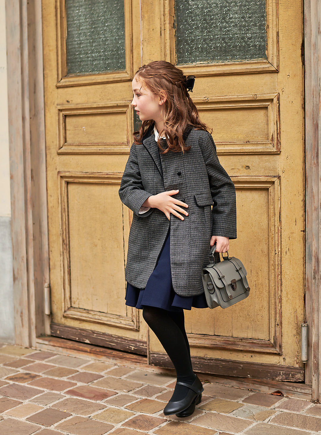 K9008 - 千鳥格子柄フレンチダブルブレストウール混コート