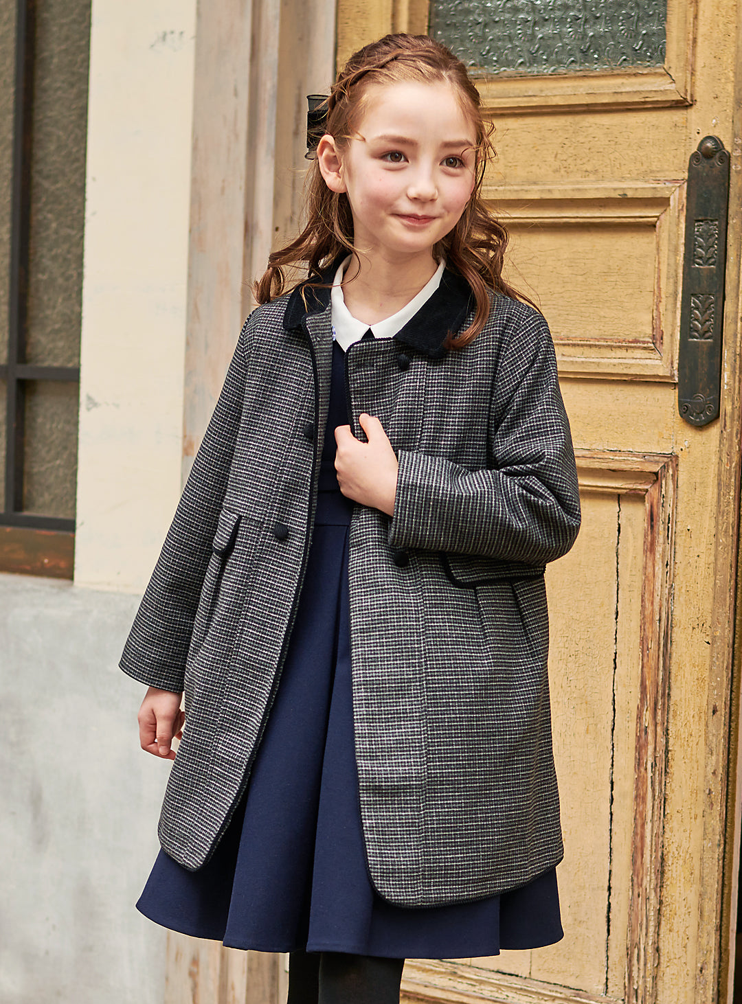 K9008 - 千鳥格子柄フレンチダブルブレストウール混コート
