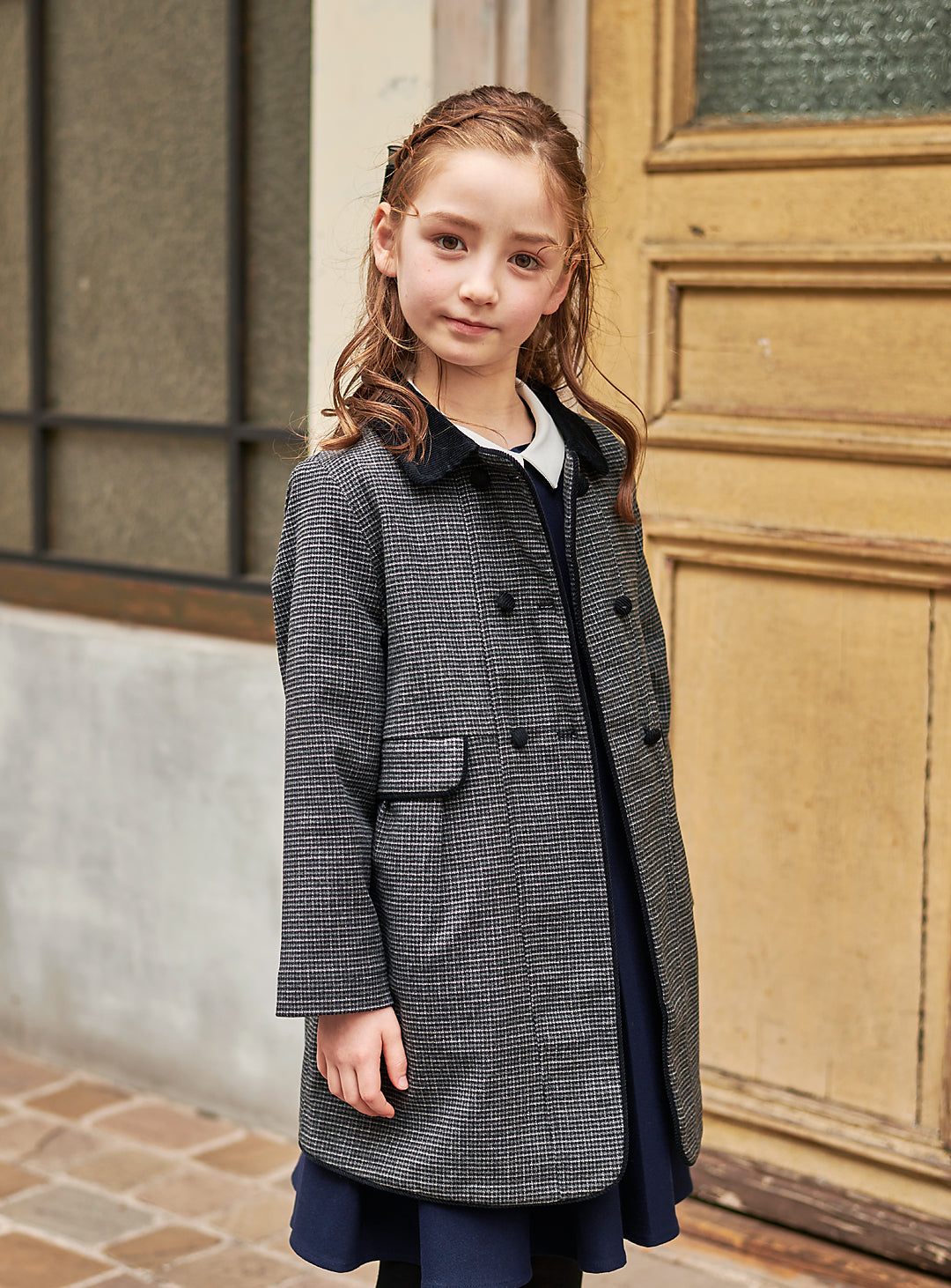 K9008 - 千鳥格子柄フレンチダブルブレストウール混コート