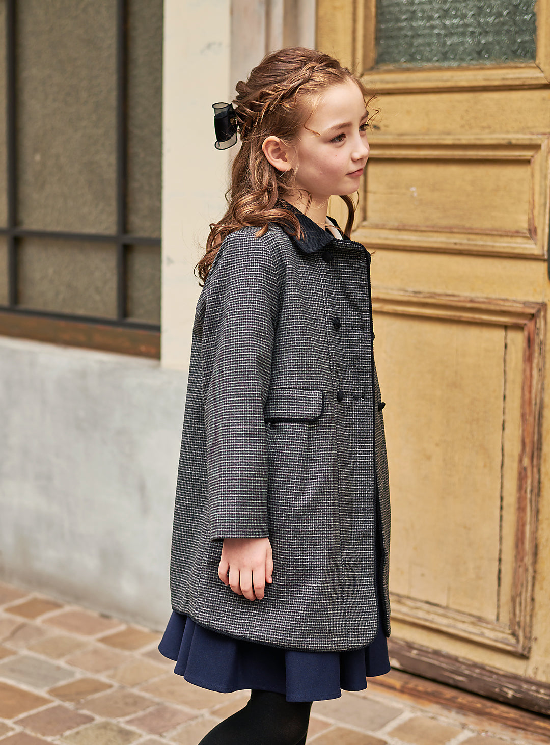 K9008 - 千鳥格子柄フレンチダブルブレストウール混コート