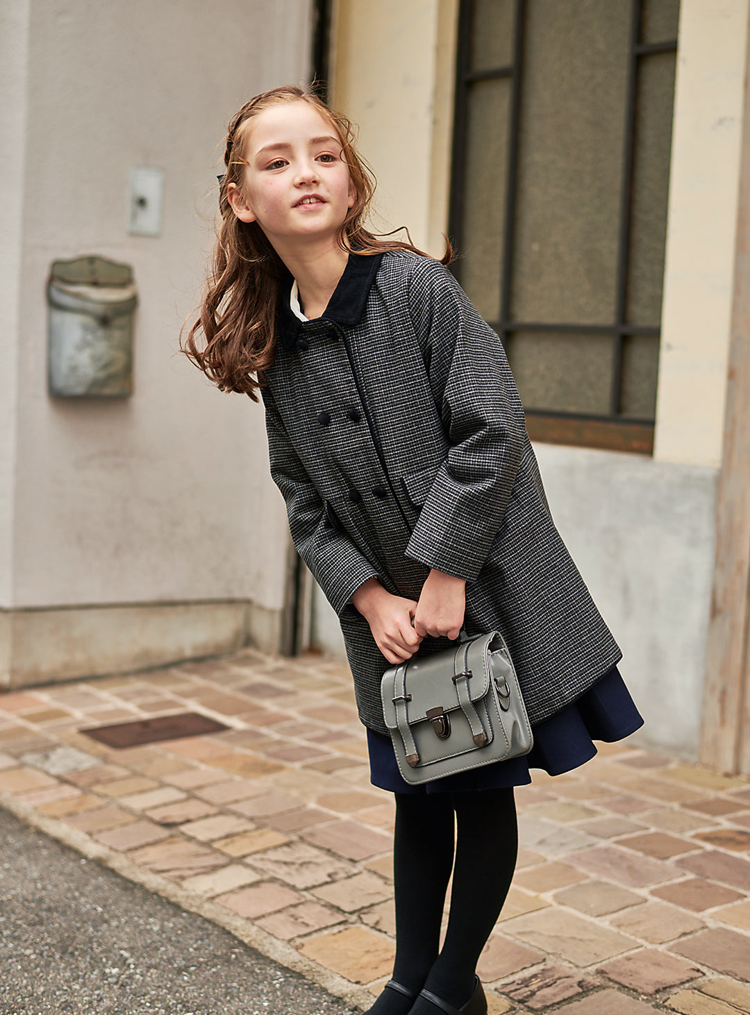 K9008 - 千鳥格子柄フレンチダブルブレストウール混コート