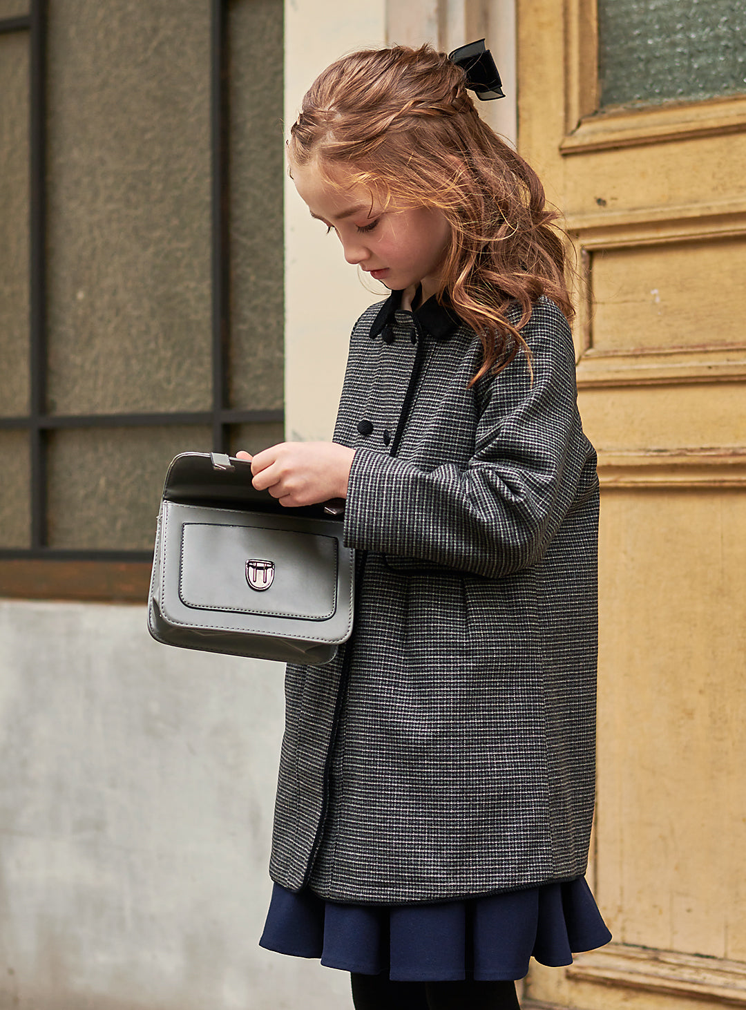 K9008 - 千鳥格子柄フレンチダブルブレストウール混コート