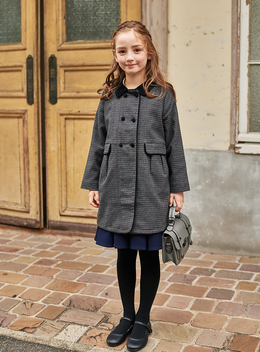 K9008 - 千鳥格子柄フレンチダブルブレストウール混コート