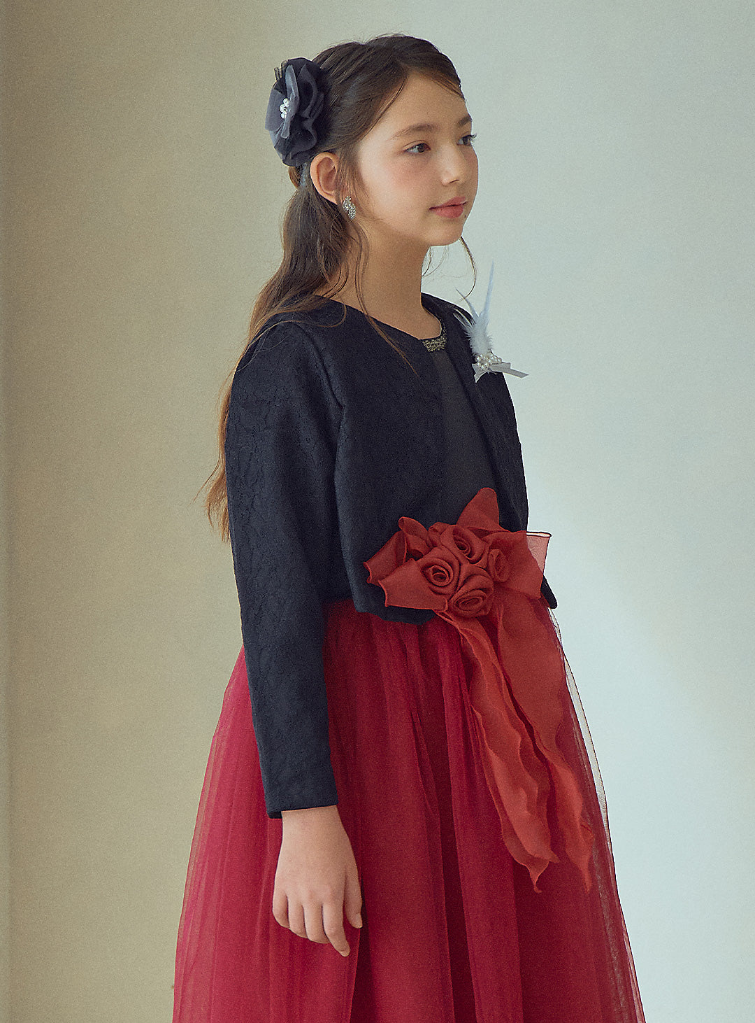 Black and Red Rose Corsage Long Dress