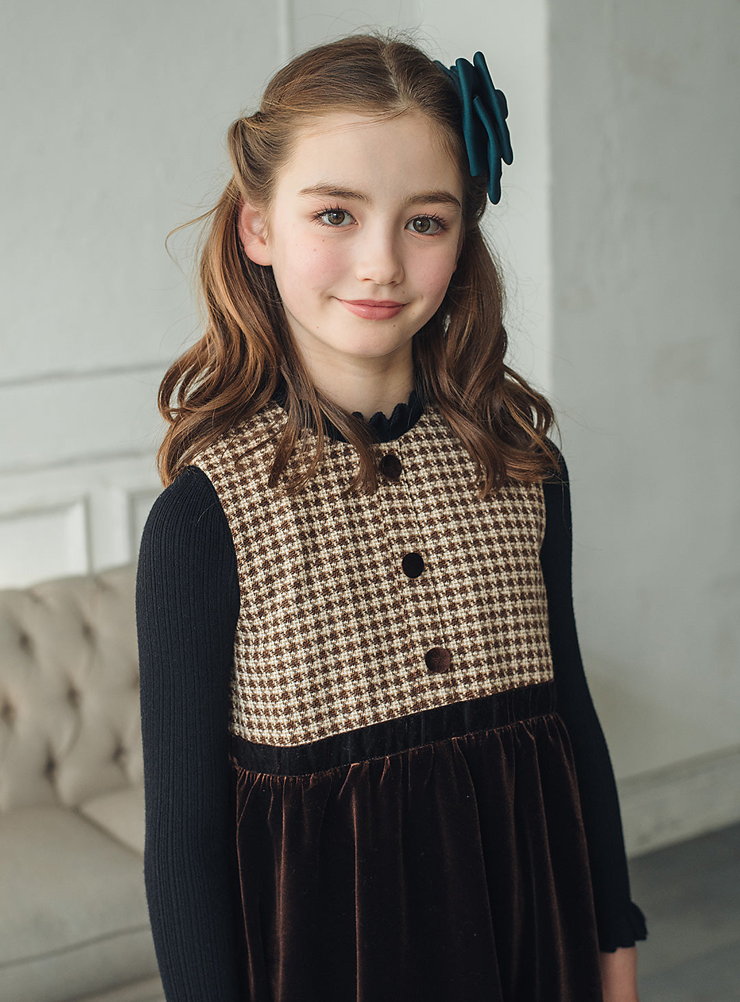 ヘリンボーン×ベロア切り替えワンピース