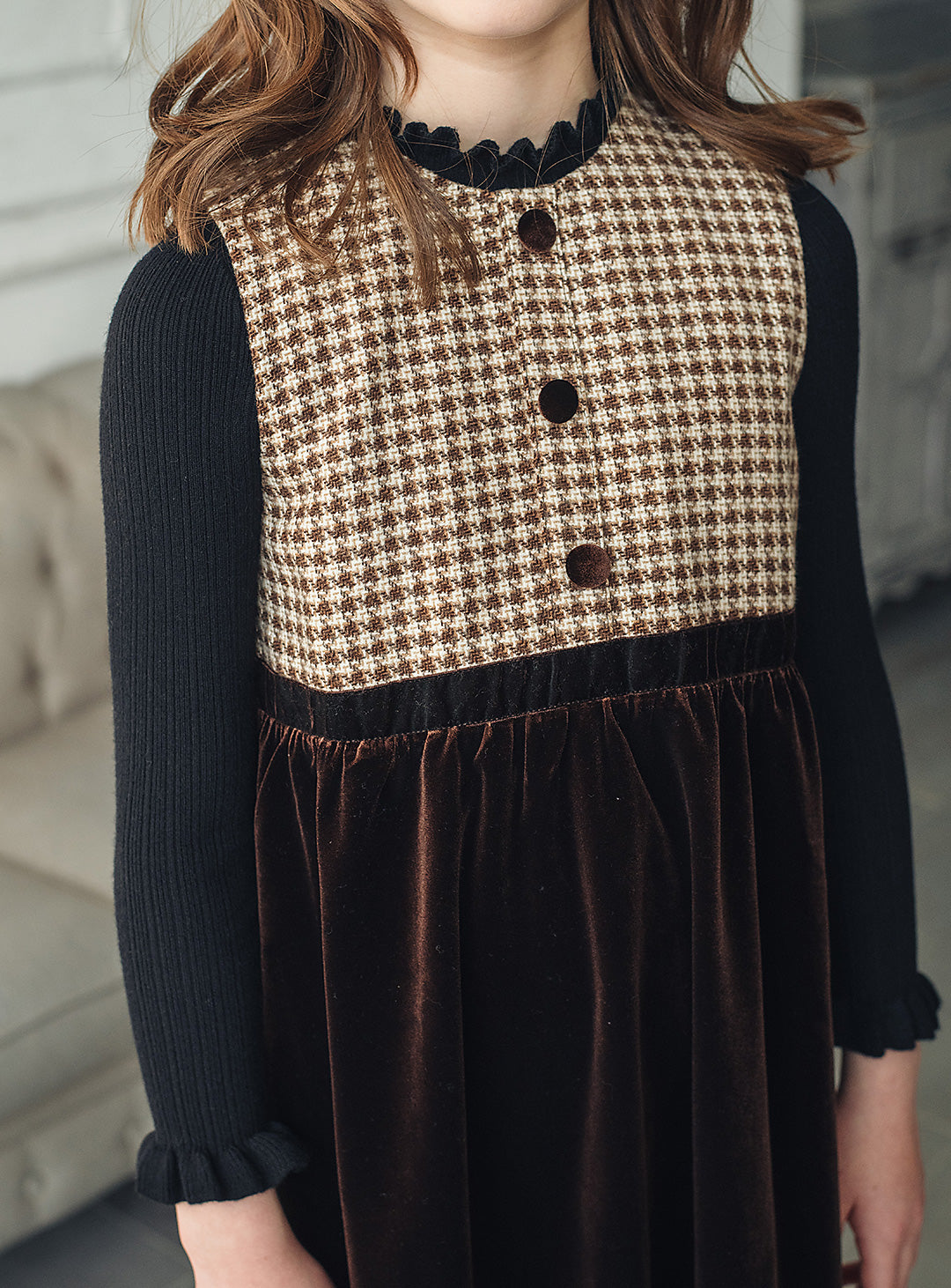 ヘリンボーン×ベロア切り替えワンピース