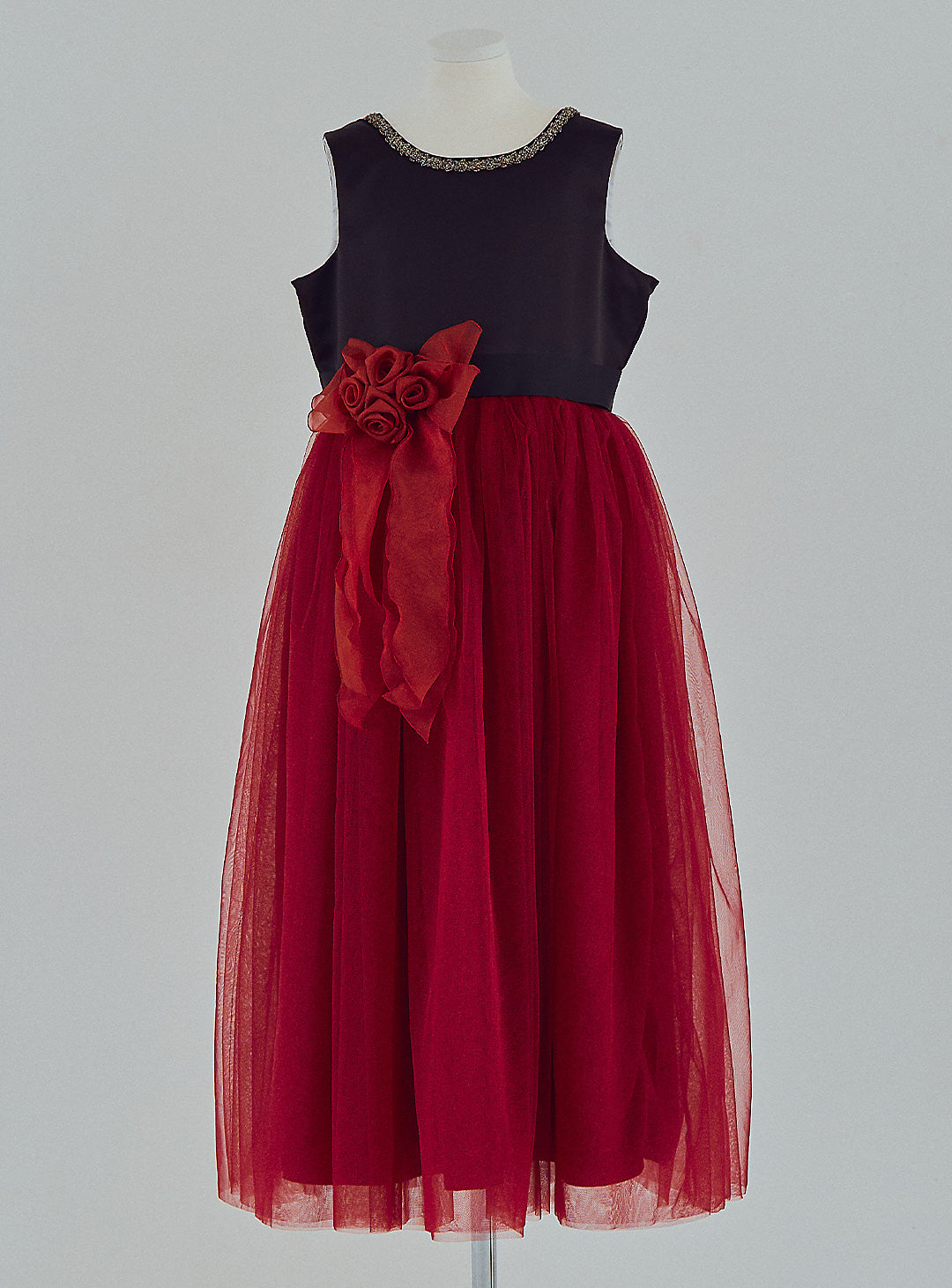 Black and Red Rose Corsage Long Dress