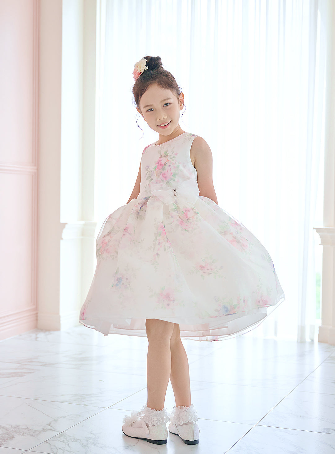 子供ドレス発表会・結婚式・おしゃれなDRESCCOのD-SU-211-1-ピンクフラワープリントオーガンジードレスの画像2