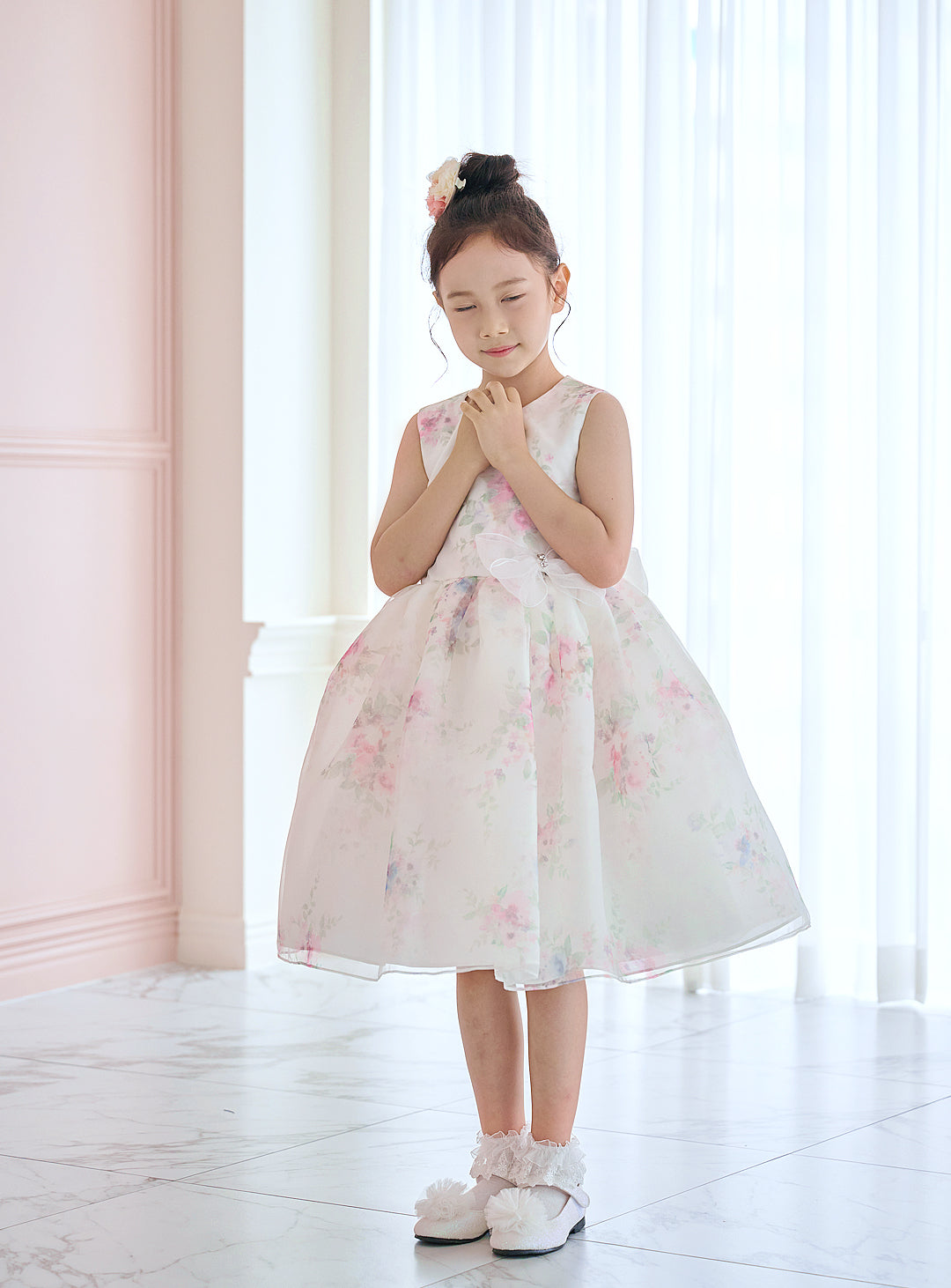 子供ドレス発表会・結婚式・おしゃれなDRESCCOのD-SU-211-1-ピンクフラワープリントオーガンジードレスの画像3