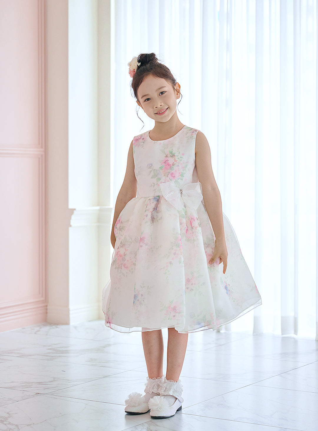 子供ドレス発表会・結婚式・おしゃれなDRESCCOのD-SU-211-1-ピンクフラワープリントオーガンジードレスの画像4