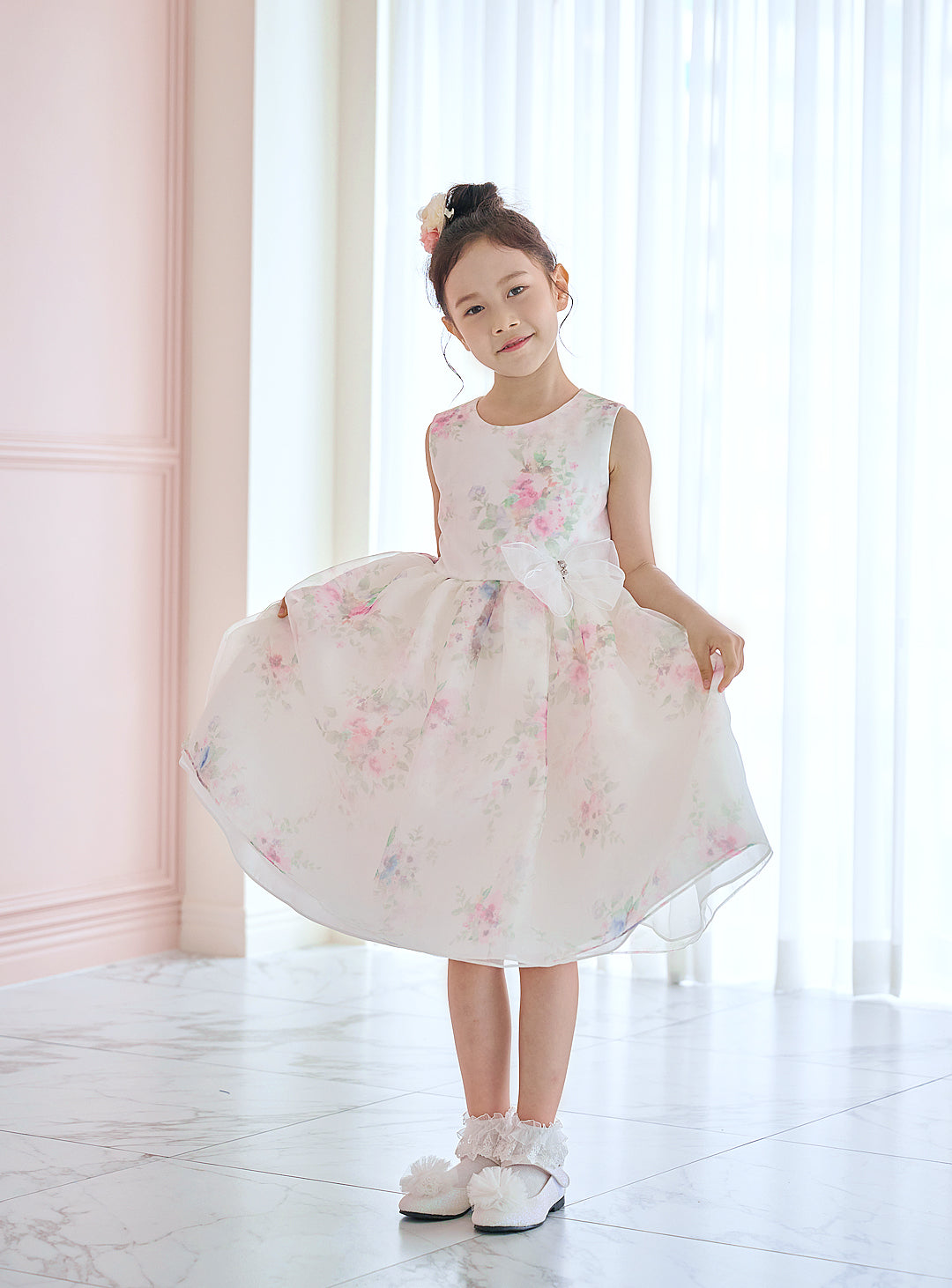 子供ドレス発表会・結婚式・おしゃれなDRESCCOのD-SU-211-1-ピンクフラワープリントオーガンジードレスの画像5