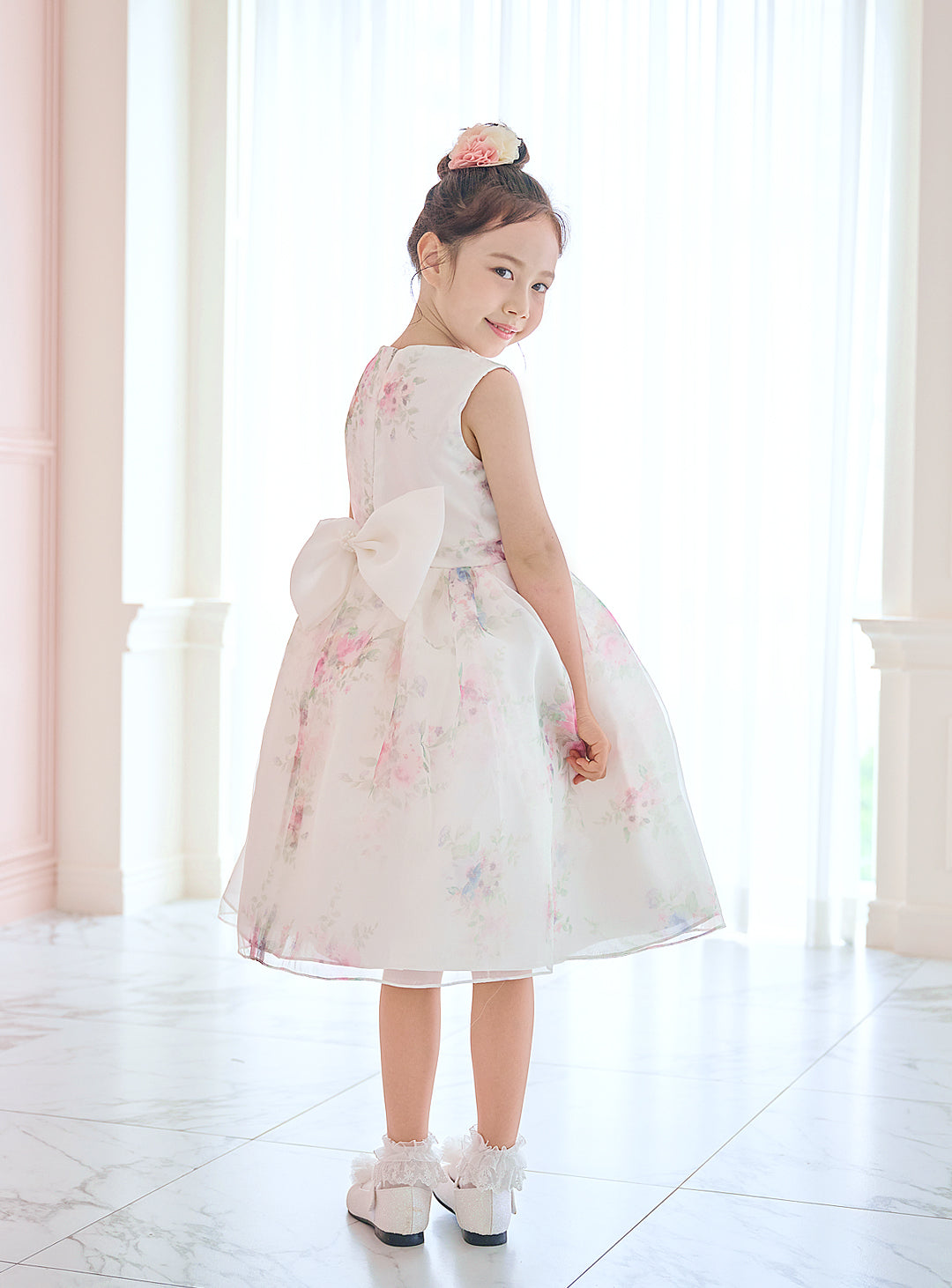 子供ドレス発表会・結婚式・おしゃれなDRESCCOのD-SU-211-1-ピンクフラワープリントオーガンジードレスの画像6