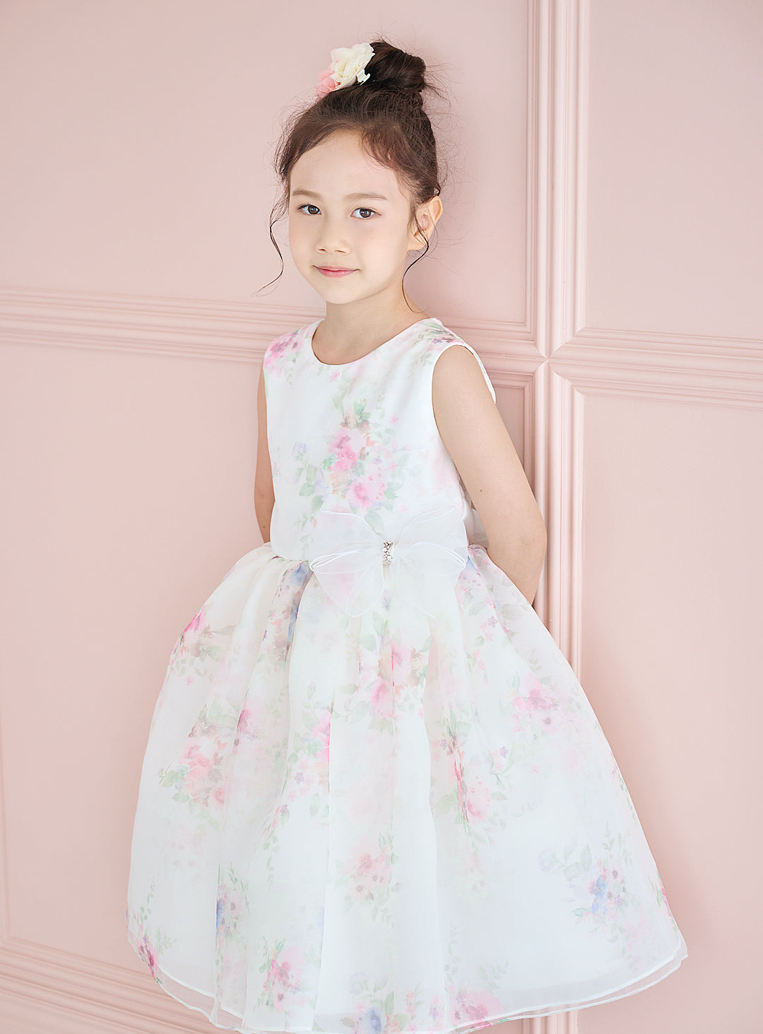子供ドレス発表会・結婚式・おしゃれなDRESCCOのD-SU-211-1-ピンクフラワープリントオーガンジードレスの画像7