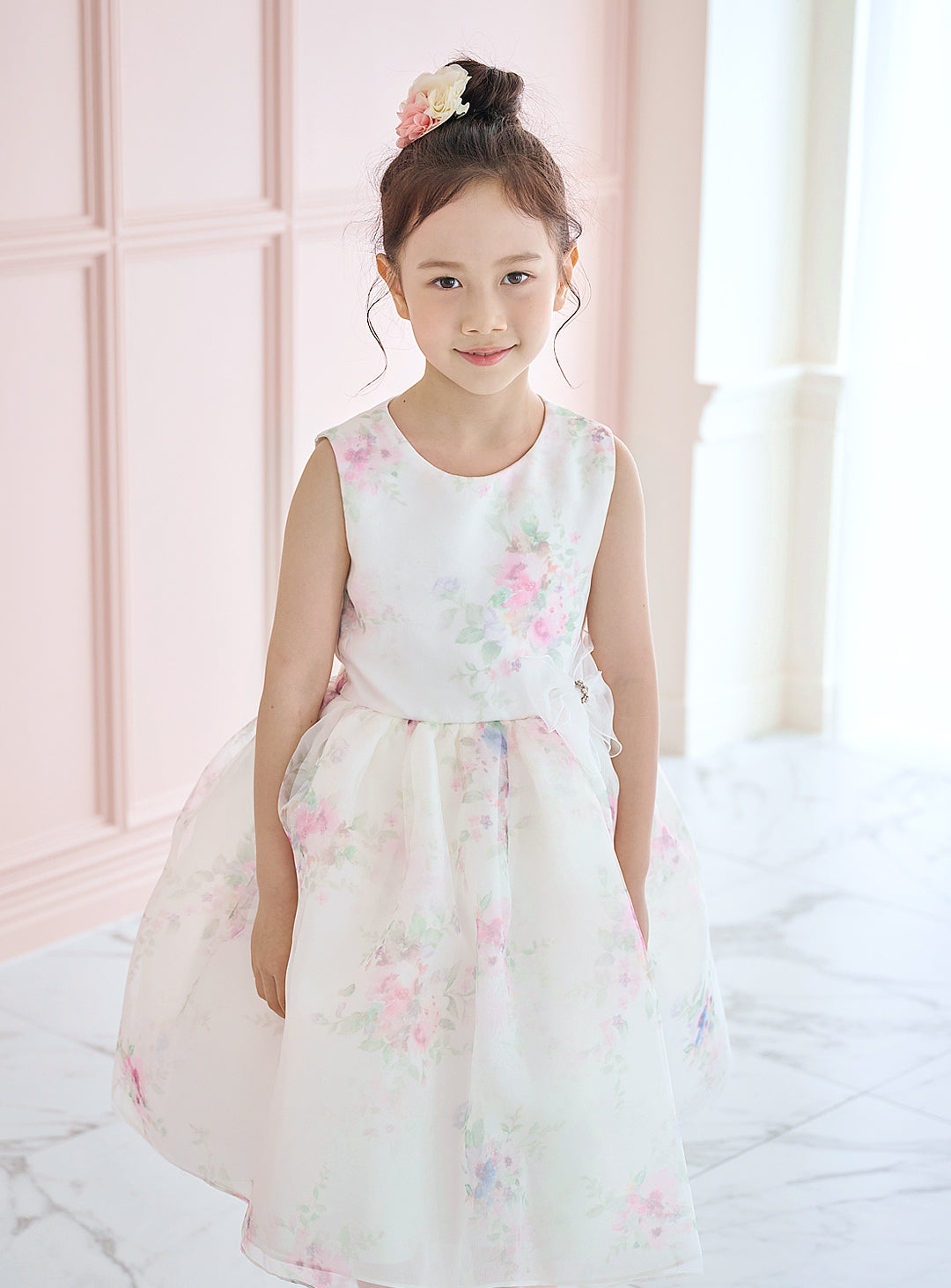 子供ドレス発表会・結婚式・おしゃれなDRESCCOのD-SU-211-1-ピンクフラワープリントオーガンジードレスの画像8