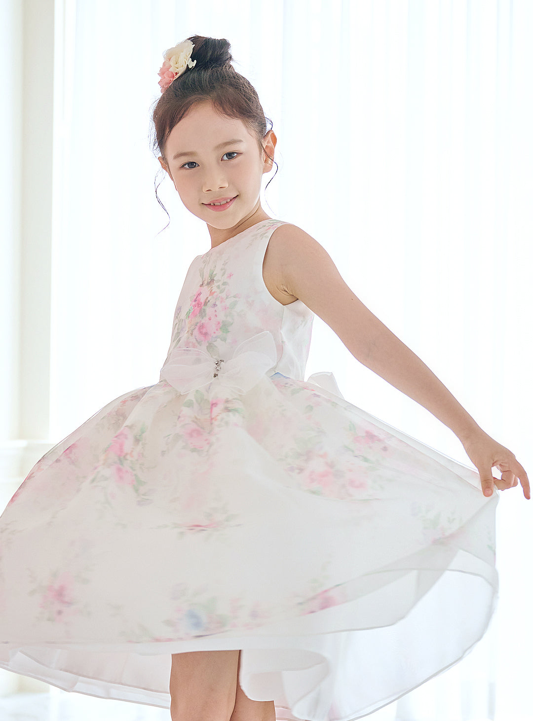 子供ドレス発表会・結婚式・おしゃれなDRESCCOのD-SU-211-1-ピンクフラワープリントオーガンジードレスの画像10