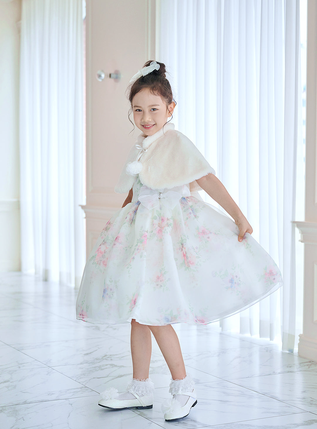 子供ドレス発表会・結婚式・おしゃれなDRESCCOのD-SU-211-1-ピンクフラワープリントオーガンジードレスの画像12