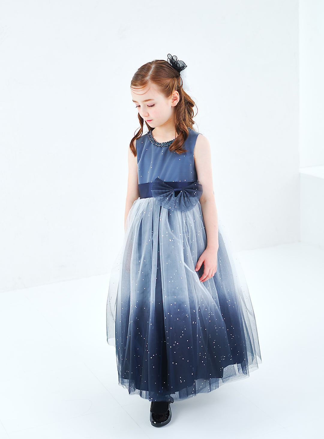 子供ドレス発表会・結婚式・おしゃれなDRESCCOのD-SU-172-グレイネイビーシルバースターロングドレスの画像6