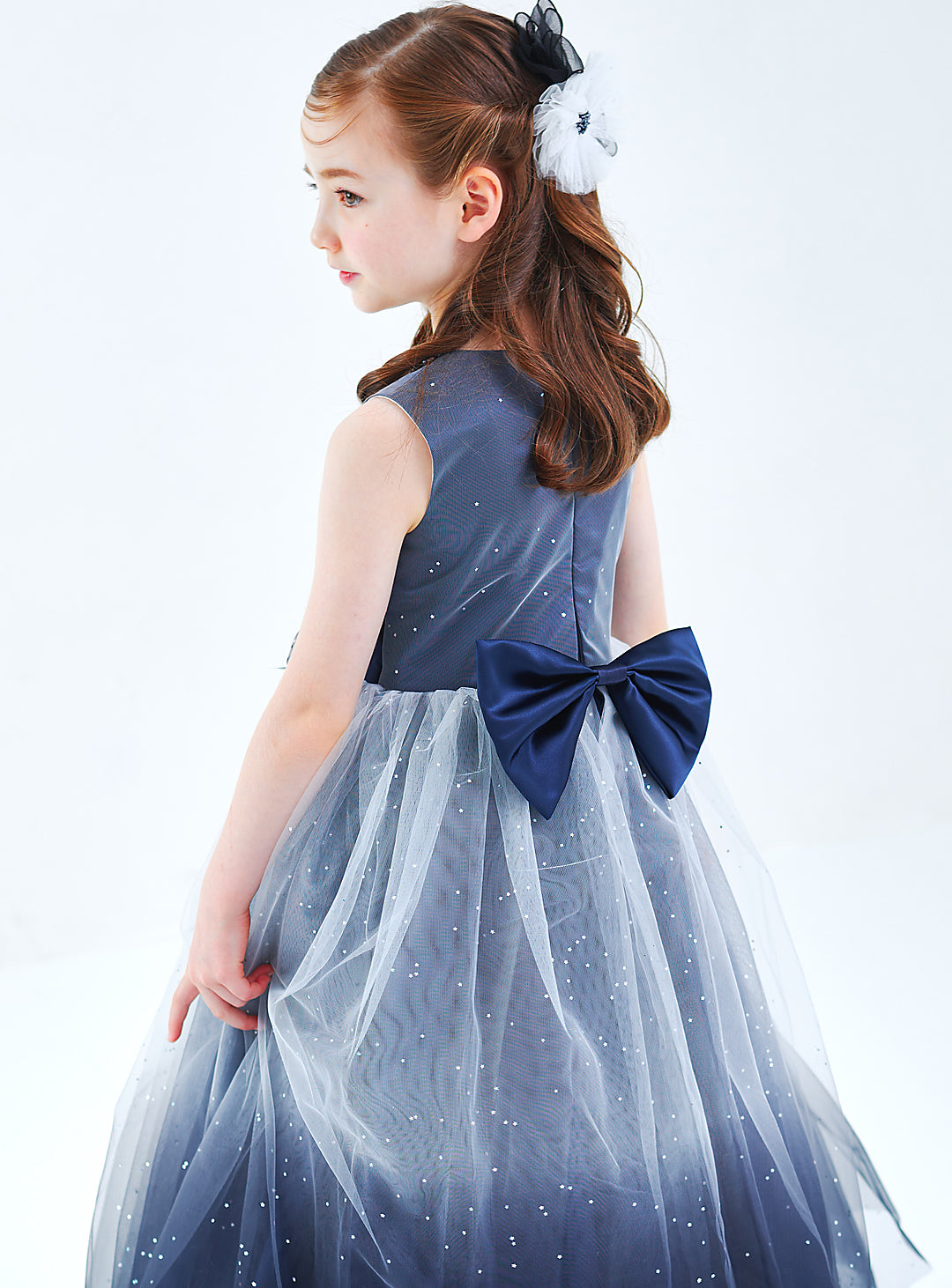 子供ドレス発表会・結婚式・おしゃれなDRESCCOのD-SU-172-グレイネイビーシルバースターロングドレスの画像14