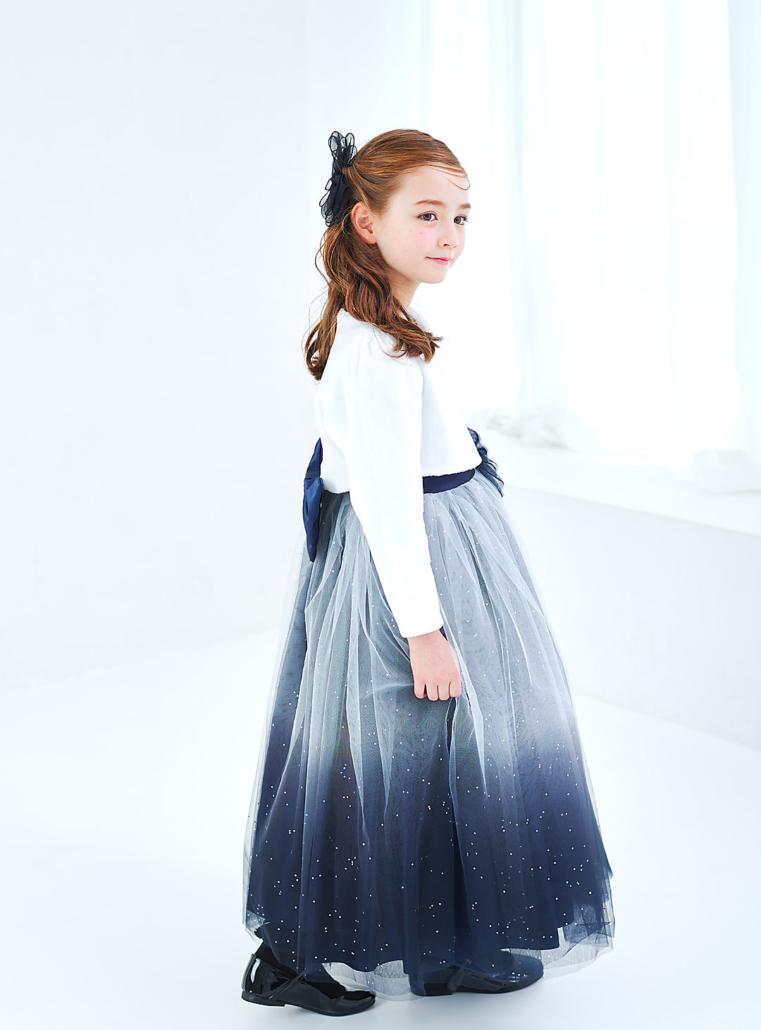 子供ドレス発表会・結婚式・おしゃれなDRESCCOのD-SU-172-グレイネイビーシルバースターロングドレスの画像25
