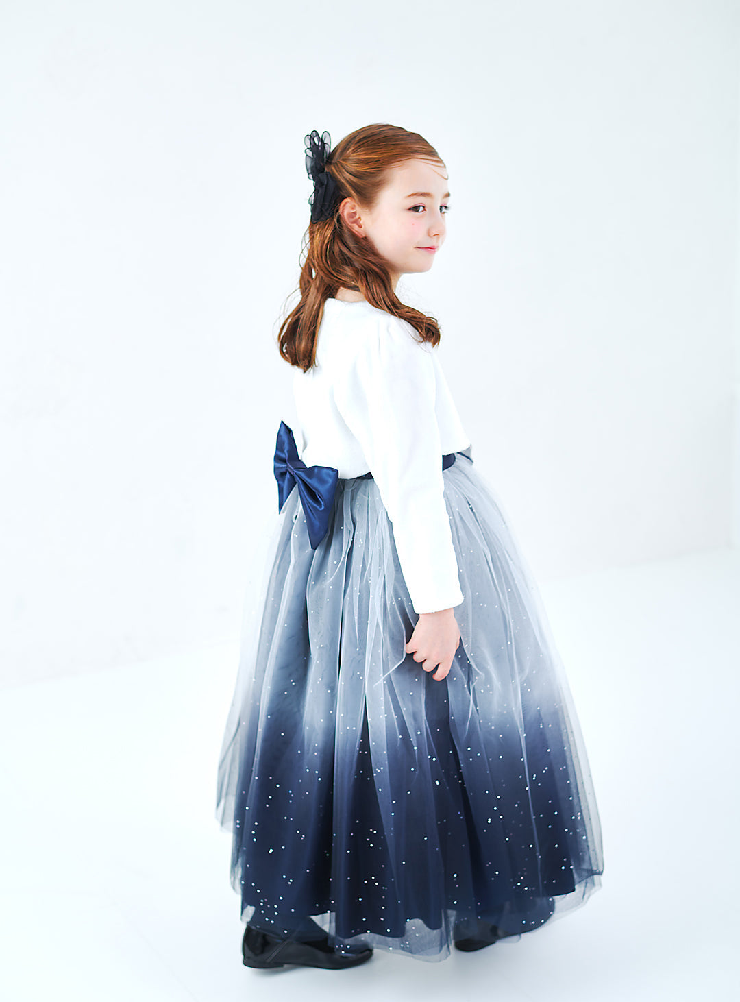 子供ドレス発表会・結婚式・おしゃれなDRESCCOのD-SU-172-グレイネイビーシルバースターロングドレスの画像26