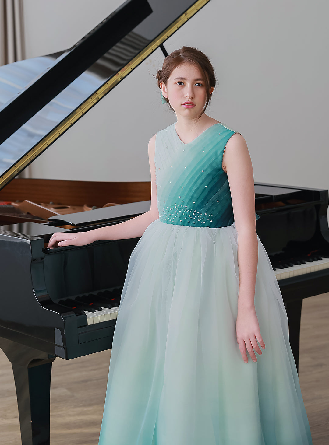 グラデーションフォレストグリーンレースアップロングドレス