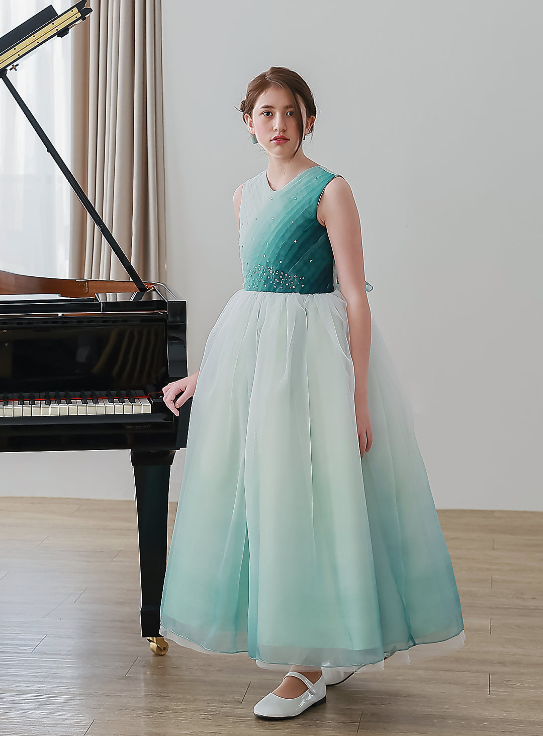 グラデーションフォレストグリーンレースアップロングドレス