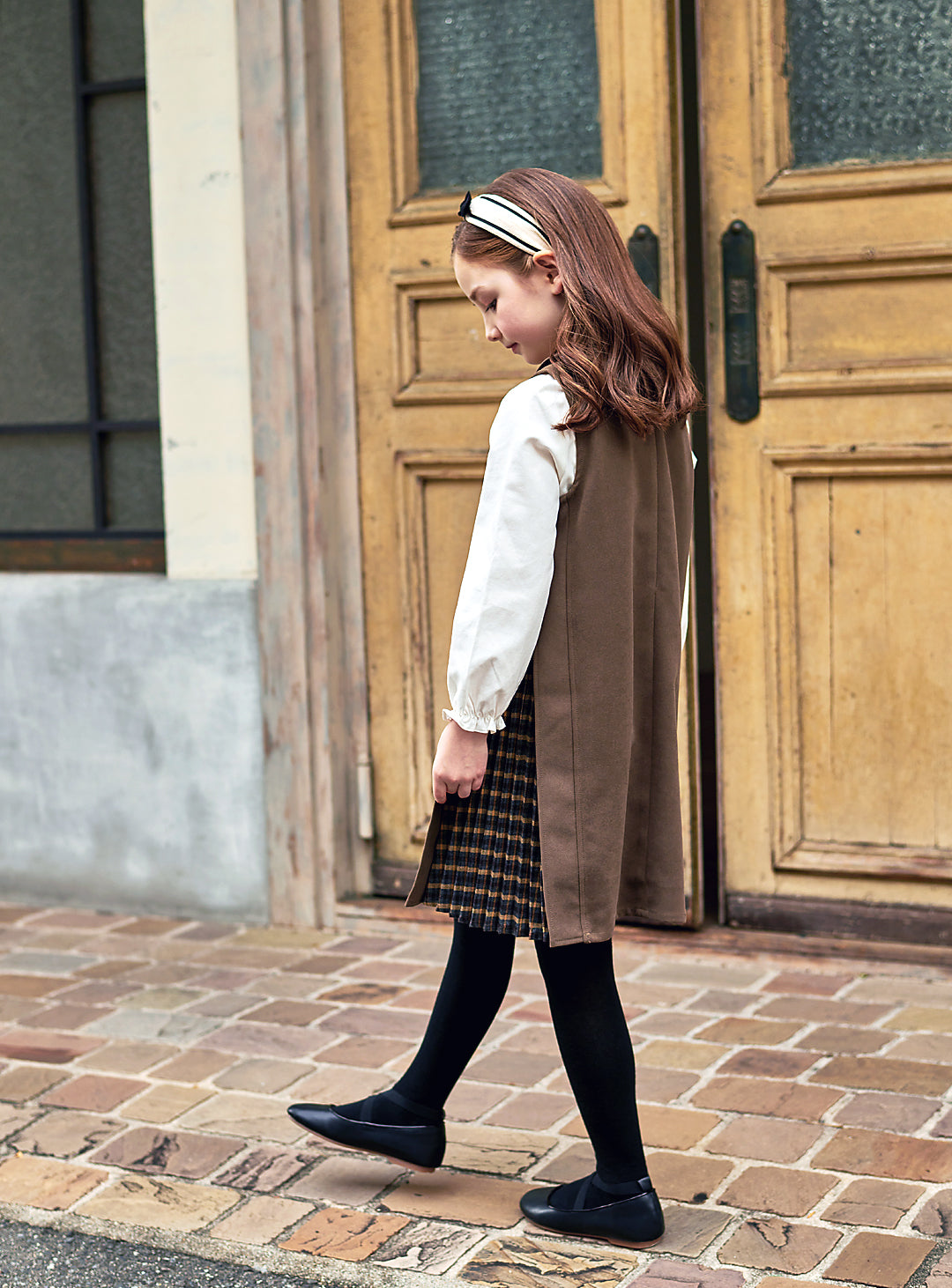 K9087 - アコーディオンプリーツ切り替えカーキワンピース