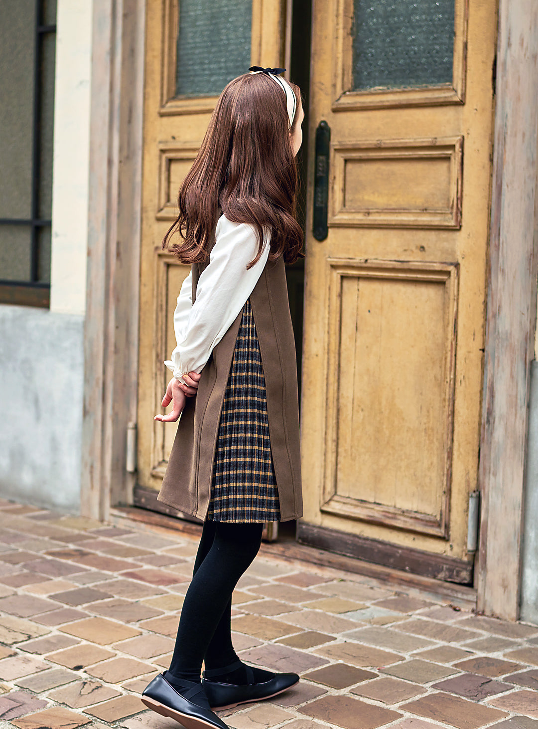 K9087 - アコーディオンプリーツ切り替えカーキワンピース