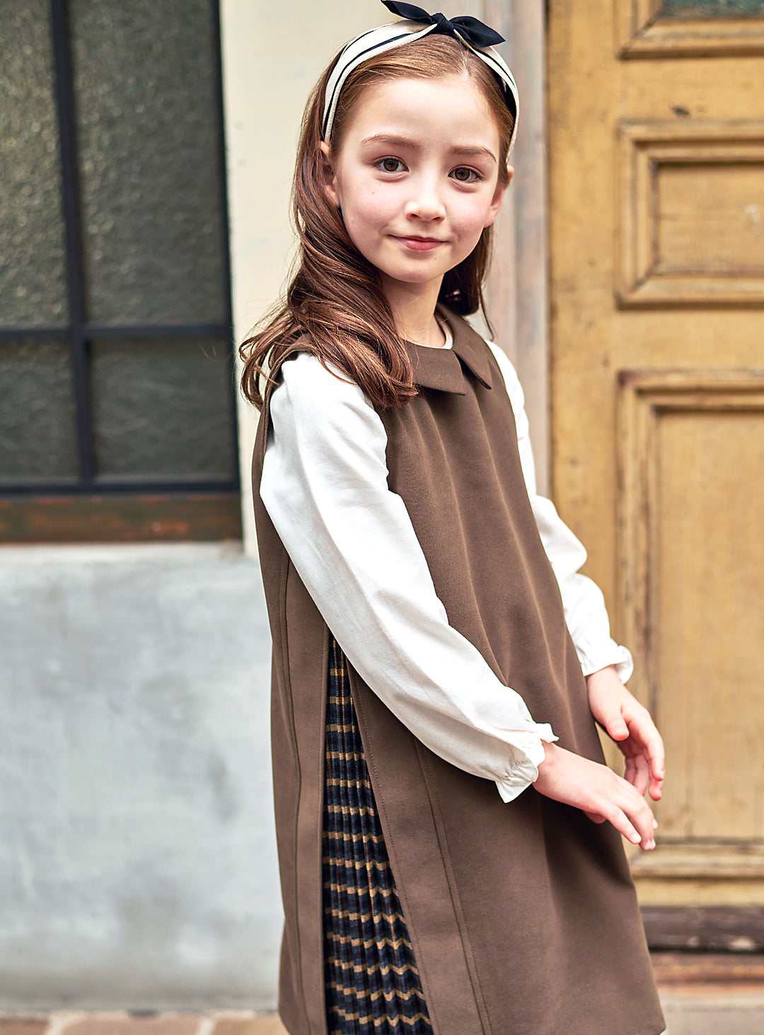 K9087 - アコーディオンプリーツ切り替えカーキワンピース