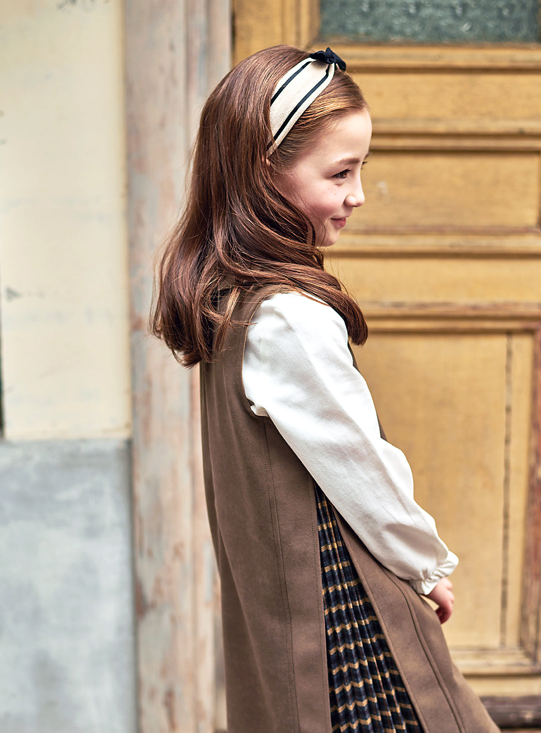 K9087 - アコーディオンプリーツ切り替えカーキワンピース