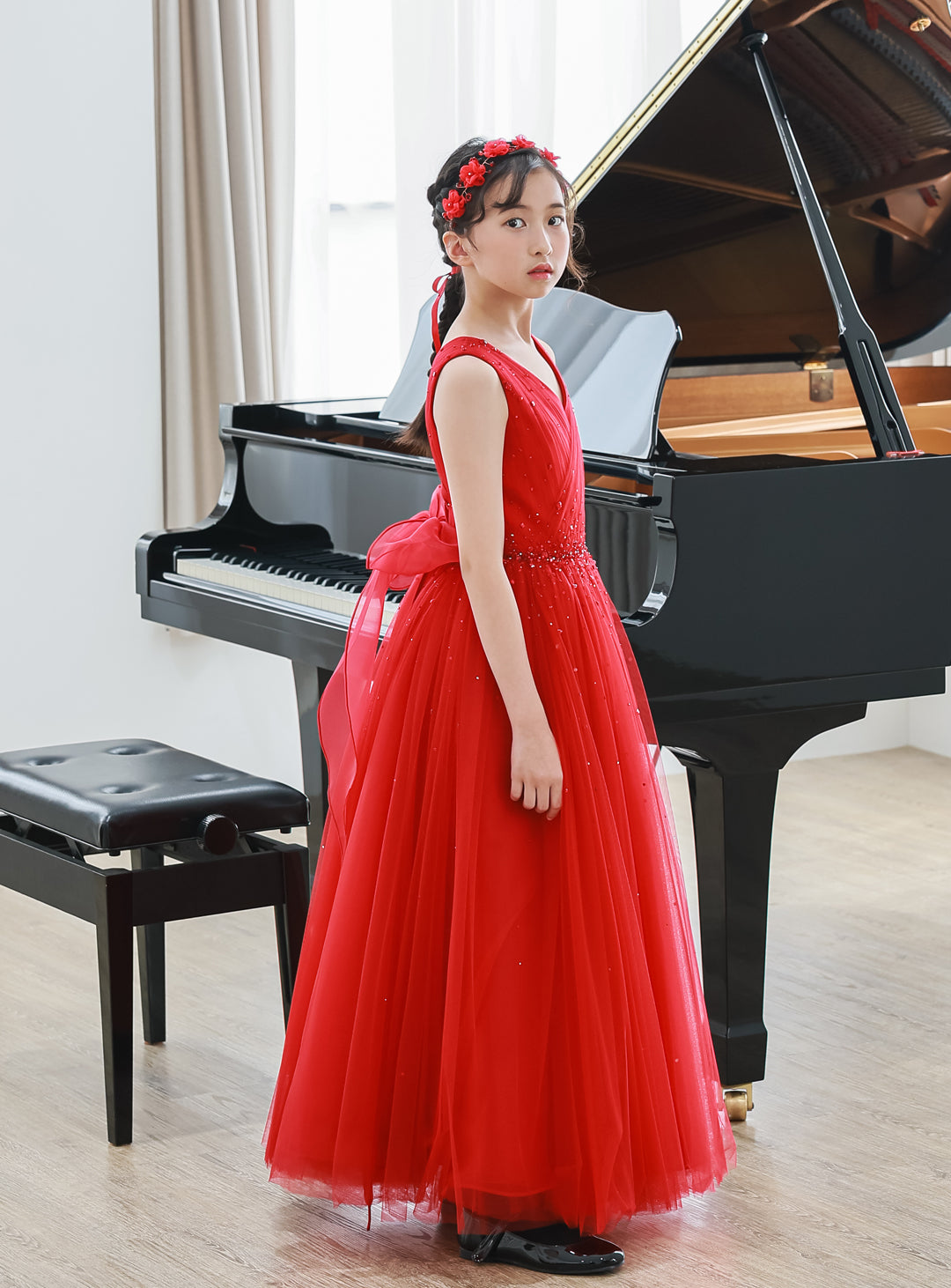 クリスタルフラワーレッドティアラリボンカチューシャ