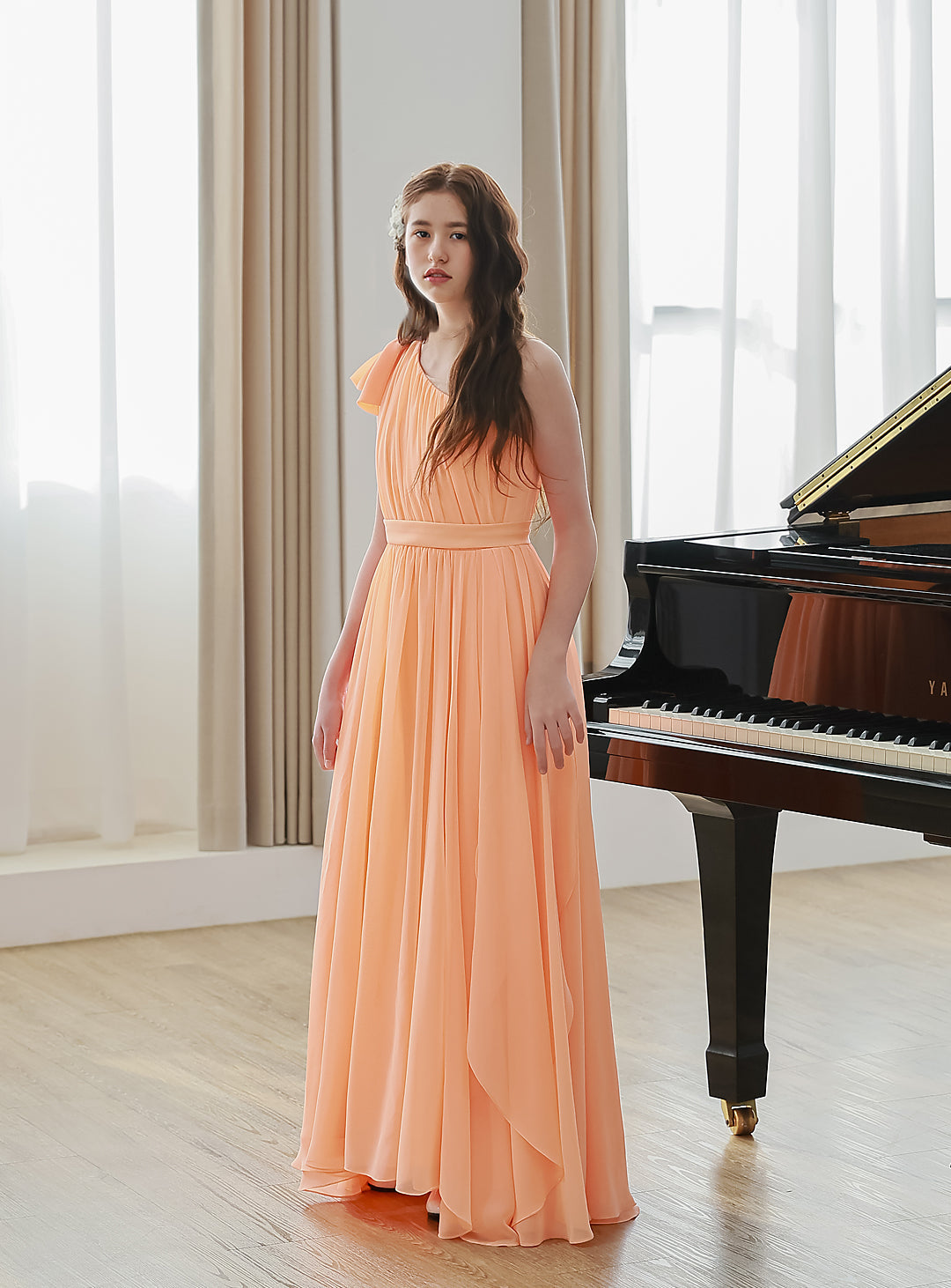 パステルオレンジシフォンワンショルダードレス