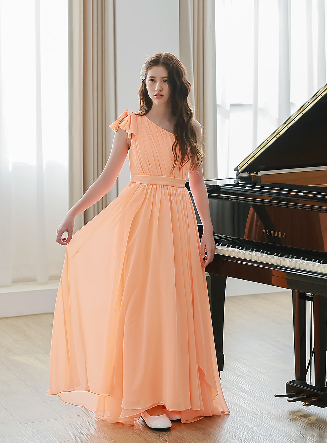 パステルオレンジシフォンワンショルダードレス