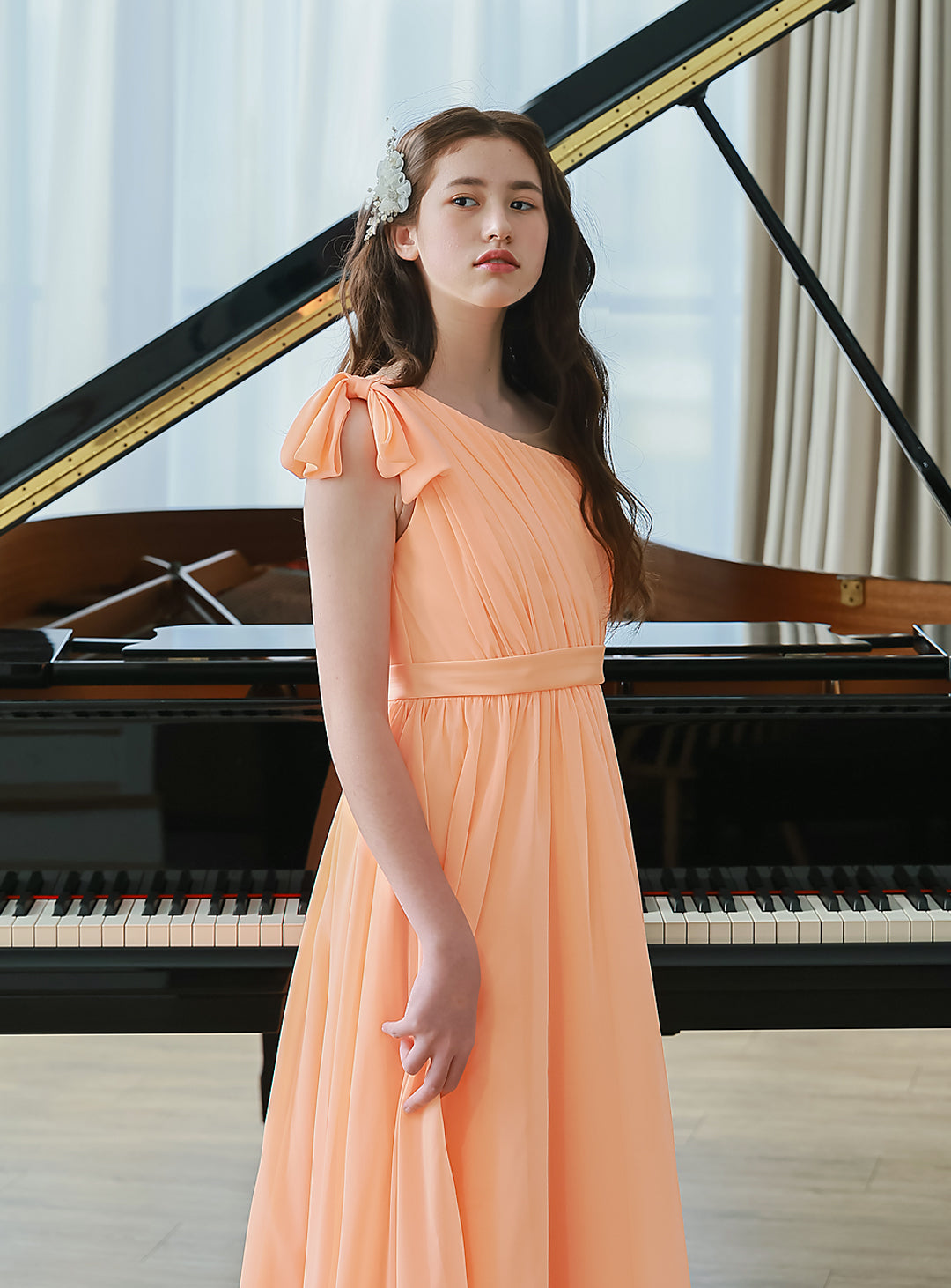 パステルオレンジシフォンワンショルダードレス