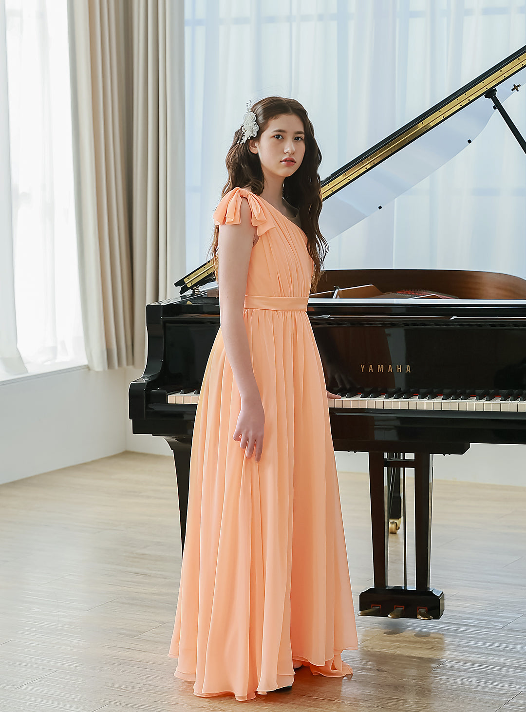 Children's Dresses|Pastel Orange Chiffon One Shoulder Floor-length Dress