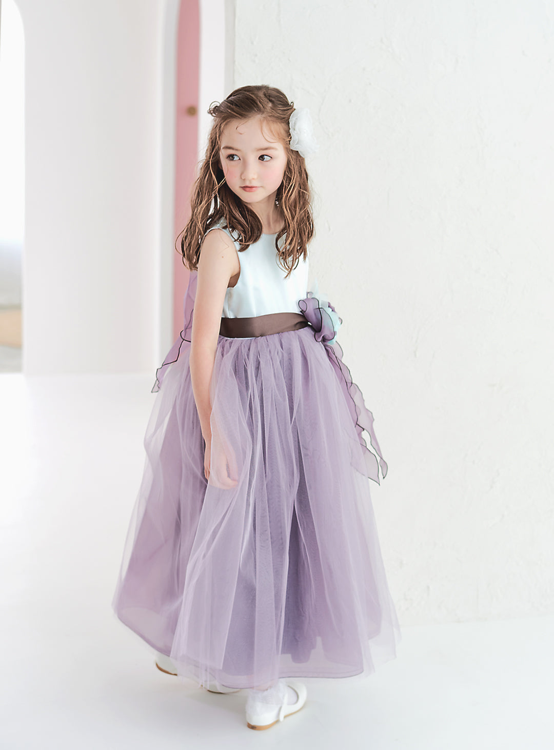 子供ドレス|子供ドレスならミント×チャコールグレーフラワーコサージュ 