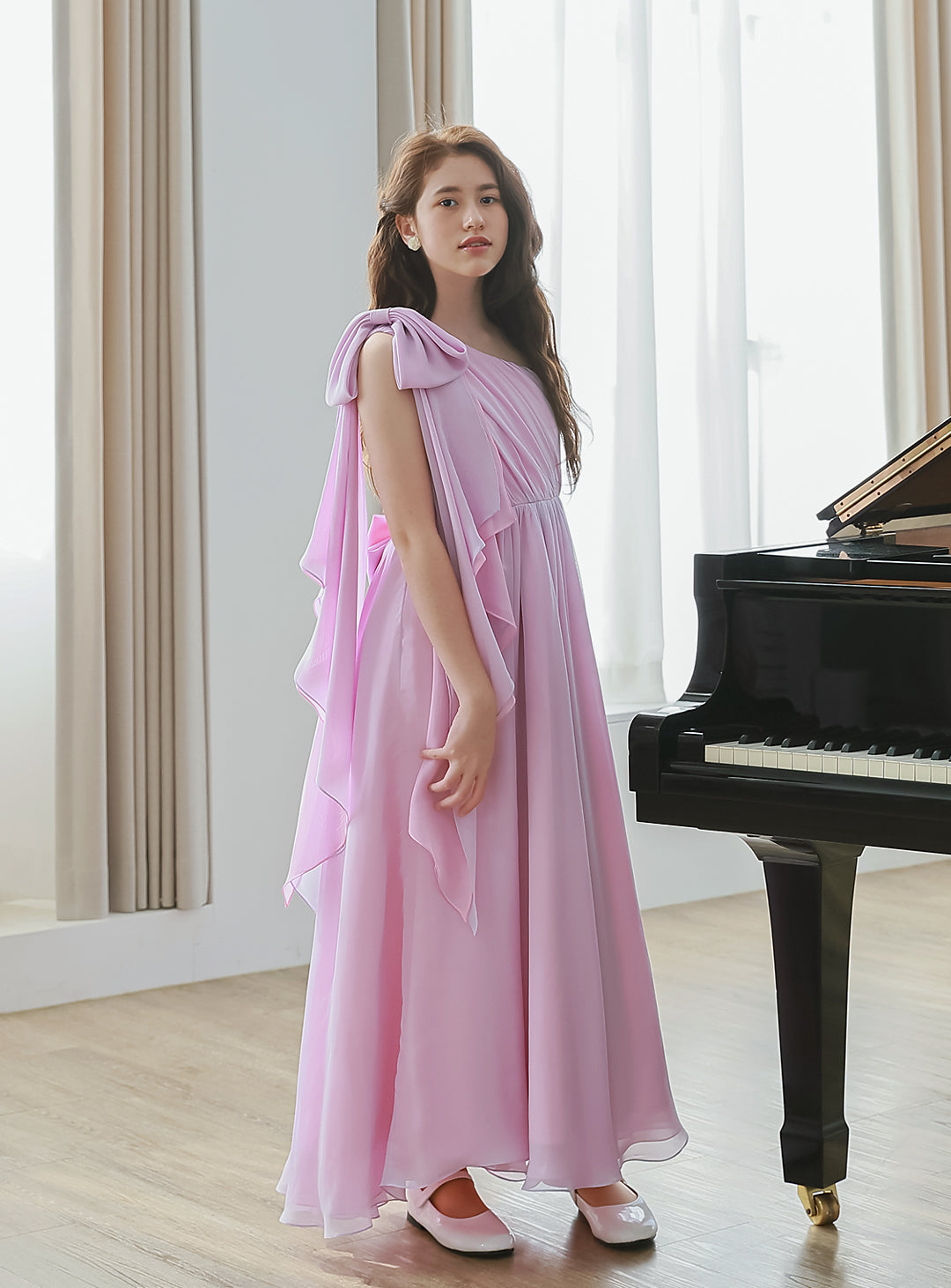 ピンク×ライラックシフォンワンショルダーロングドレス