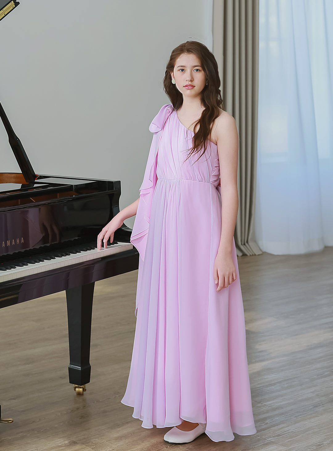 ピンク×ライラックシフォンワンショルダーロングドレス