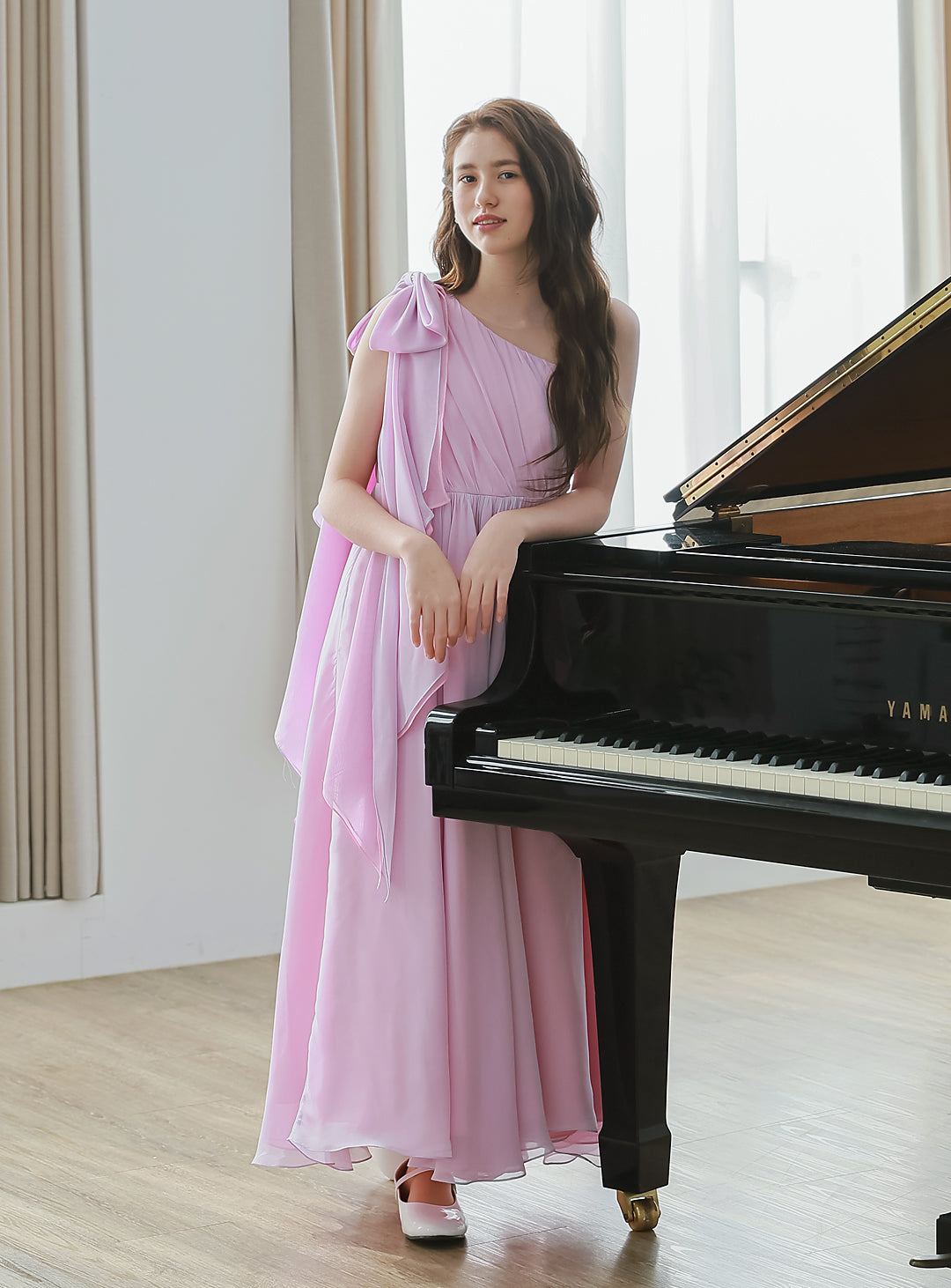 ピンク×ライラックシフォンワンショルダーロングドレス