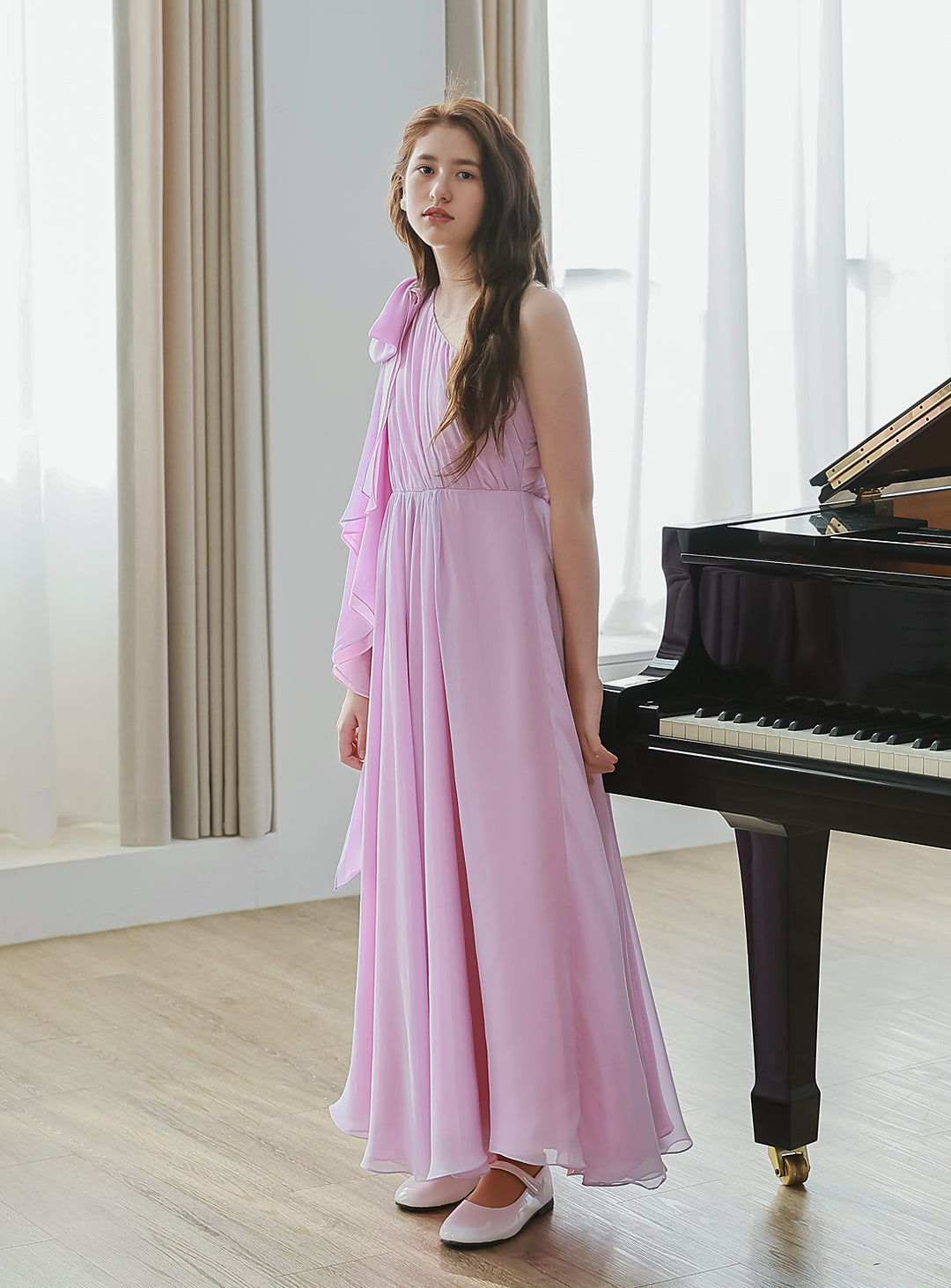 ピンク×ライラックシフォンワンショルダーロングドレス