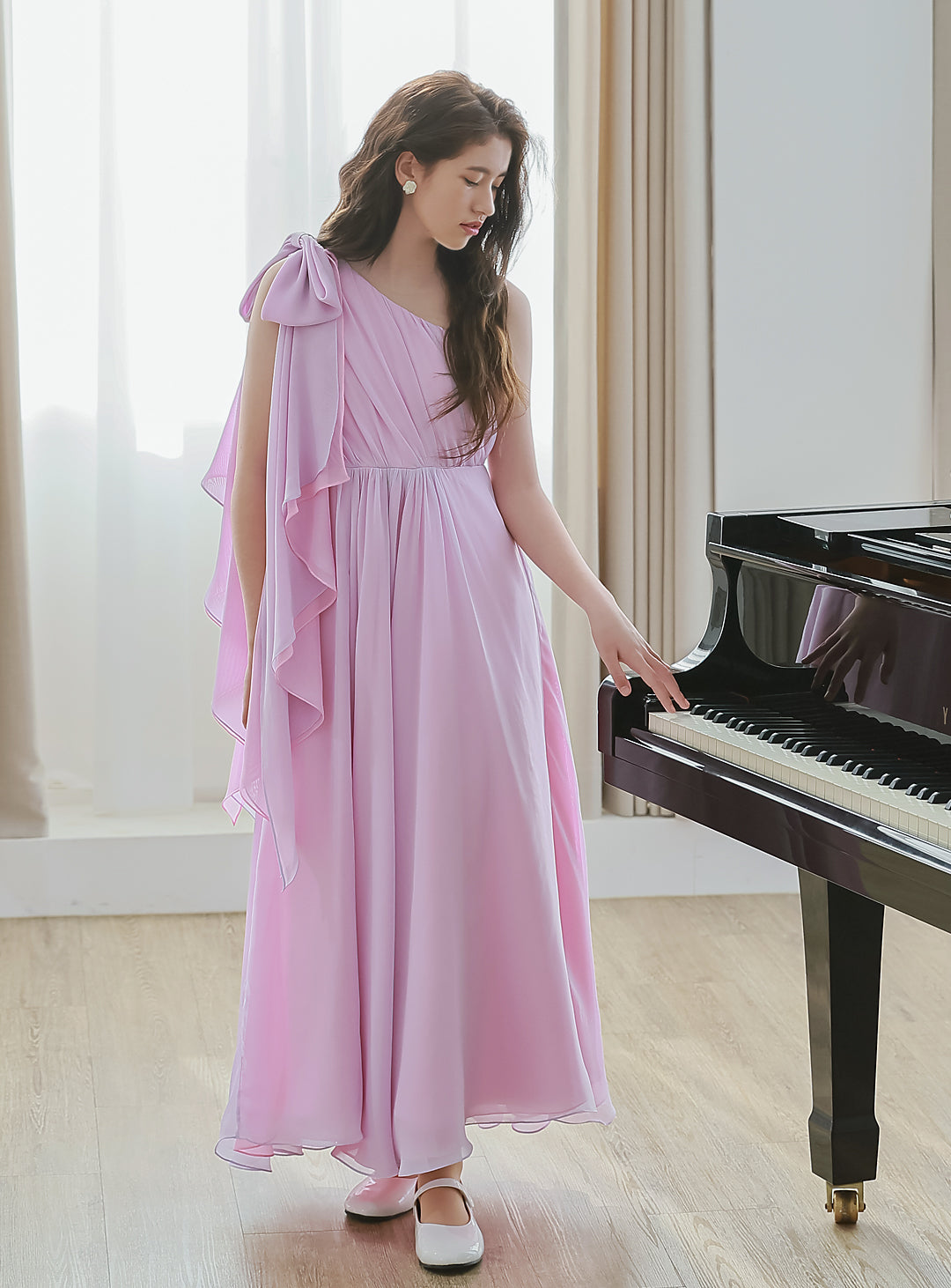 ピンク×ライラックシフォンワンショルダーロングドレス